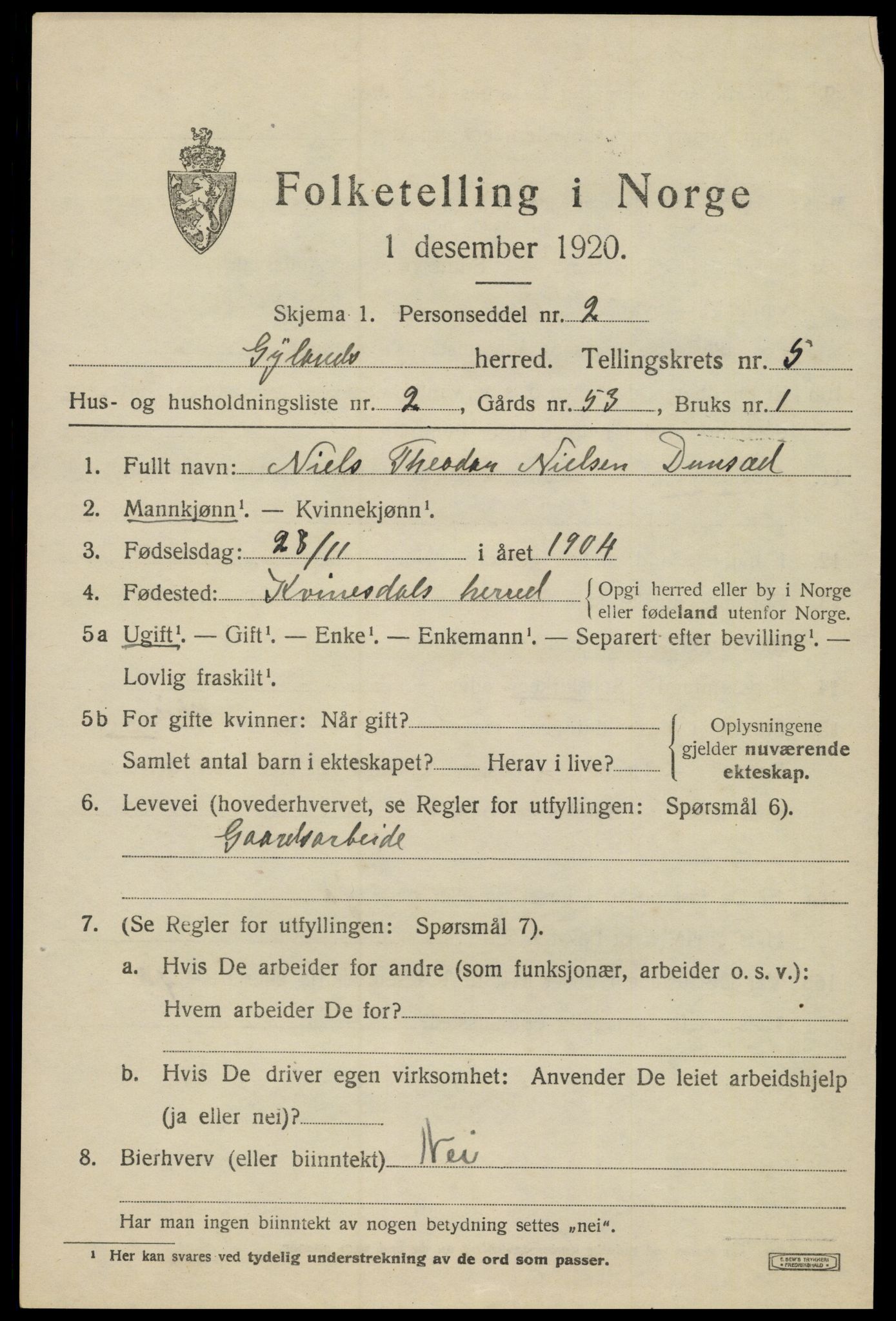 SAK, 1920 census for Gyland, 1920, p. 1198