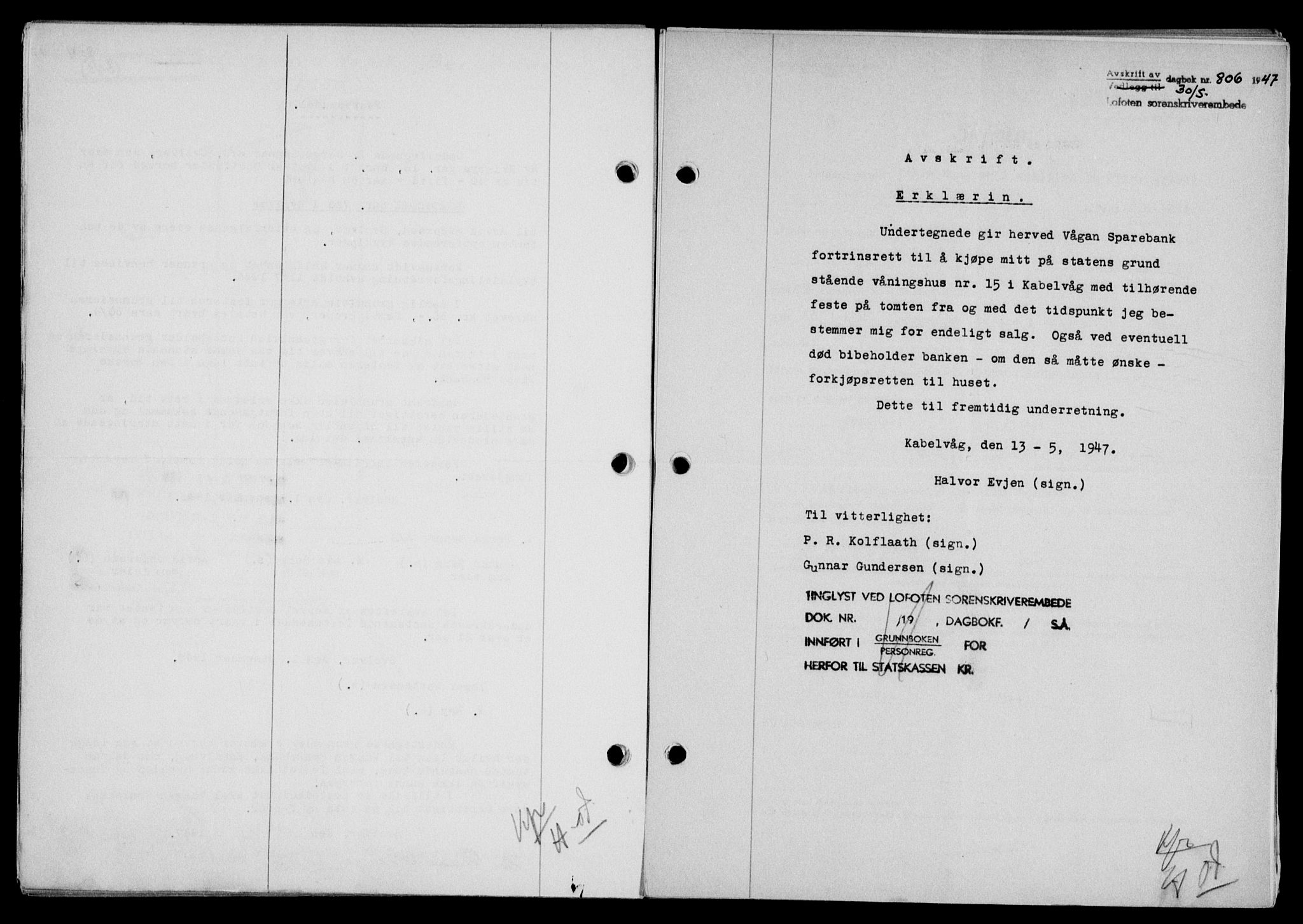 Lofoten sorenskriveri, SAT/A-0017/1/2/2C/L0016a: Mortgage book no. 16a, 1947-1947, Diary no: : 806/1947