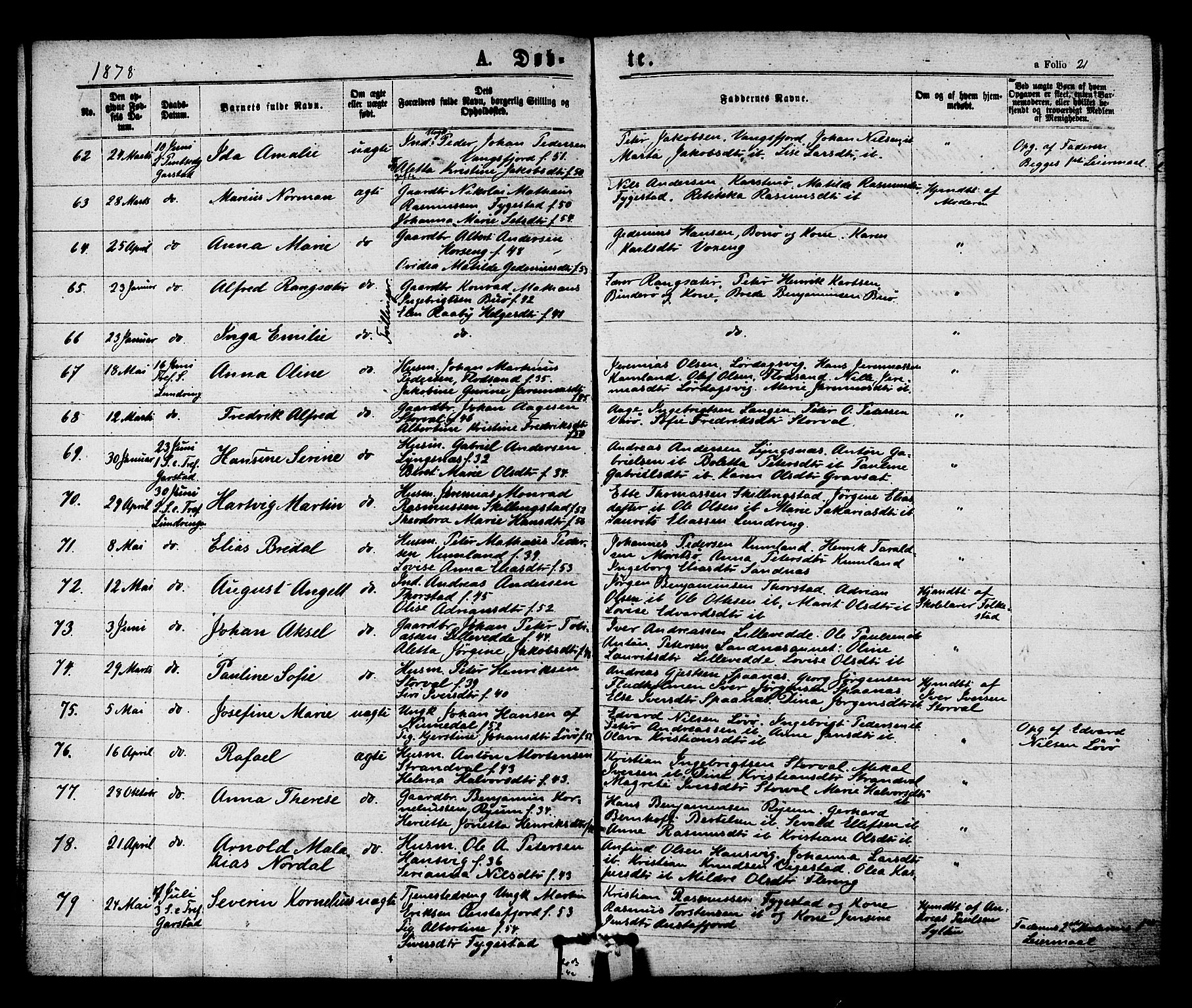 Ministerialprotokoller, klokkerbøker og fødselsregistre - Nord-Trøndelag, AV/SAT-A-1458/784/L0671: Parish register (official) no. 784A06, 1876-1879, p. 21