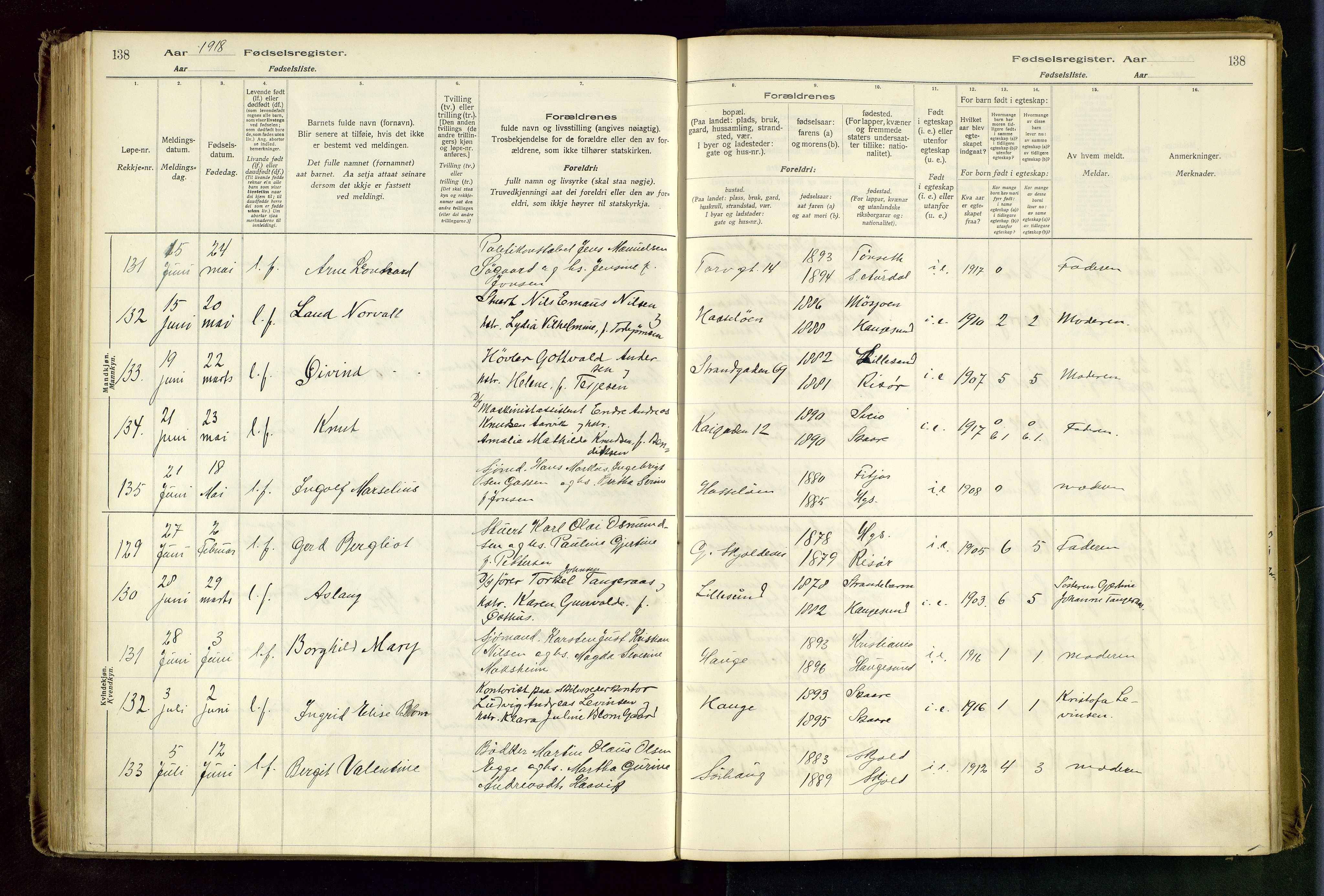 Haugesund sokneprestkontor, AV/SAST-A -101863/I/Id/L0003: Birth register no. 1, 1916-1919, p. 138