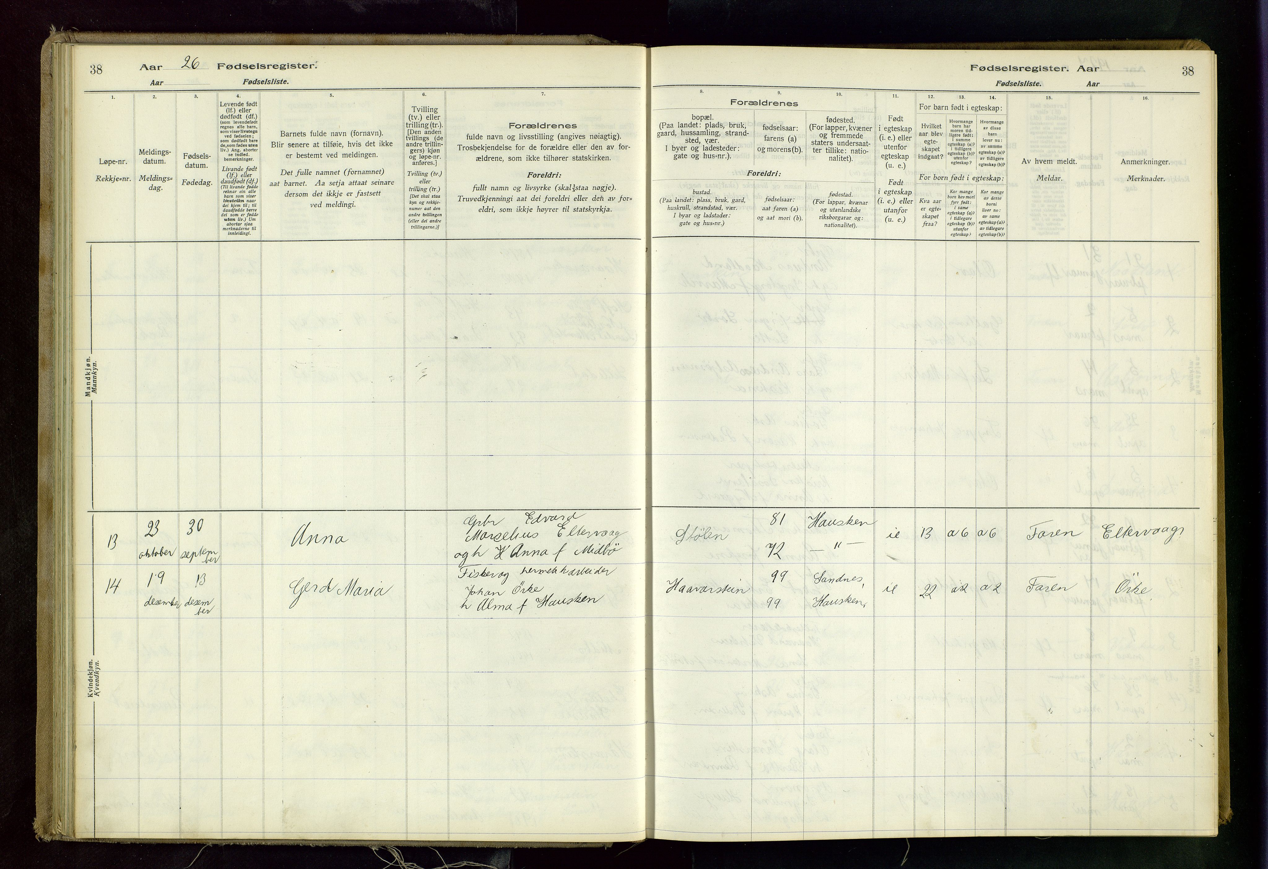 Rennesøy sokneprestkontor, AV/SAST-A -101827/I/Id/L0001: Birth register no. 1, 1916-1982, p. 38