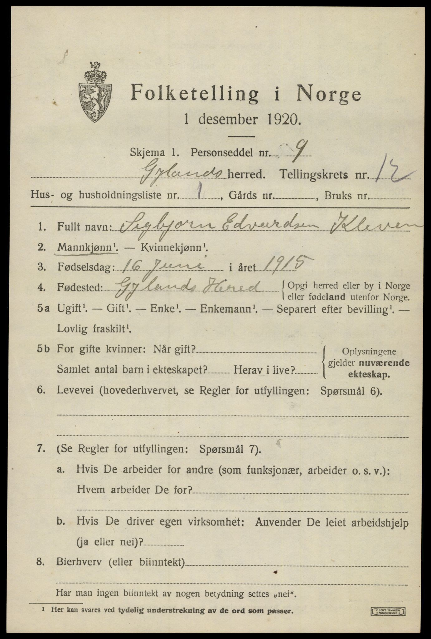 SAK, 1920 census for Gyland, 1920, p. 2438