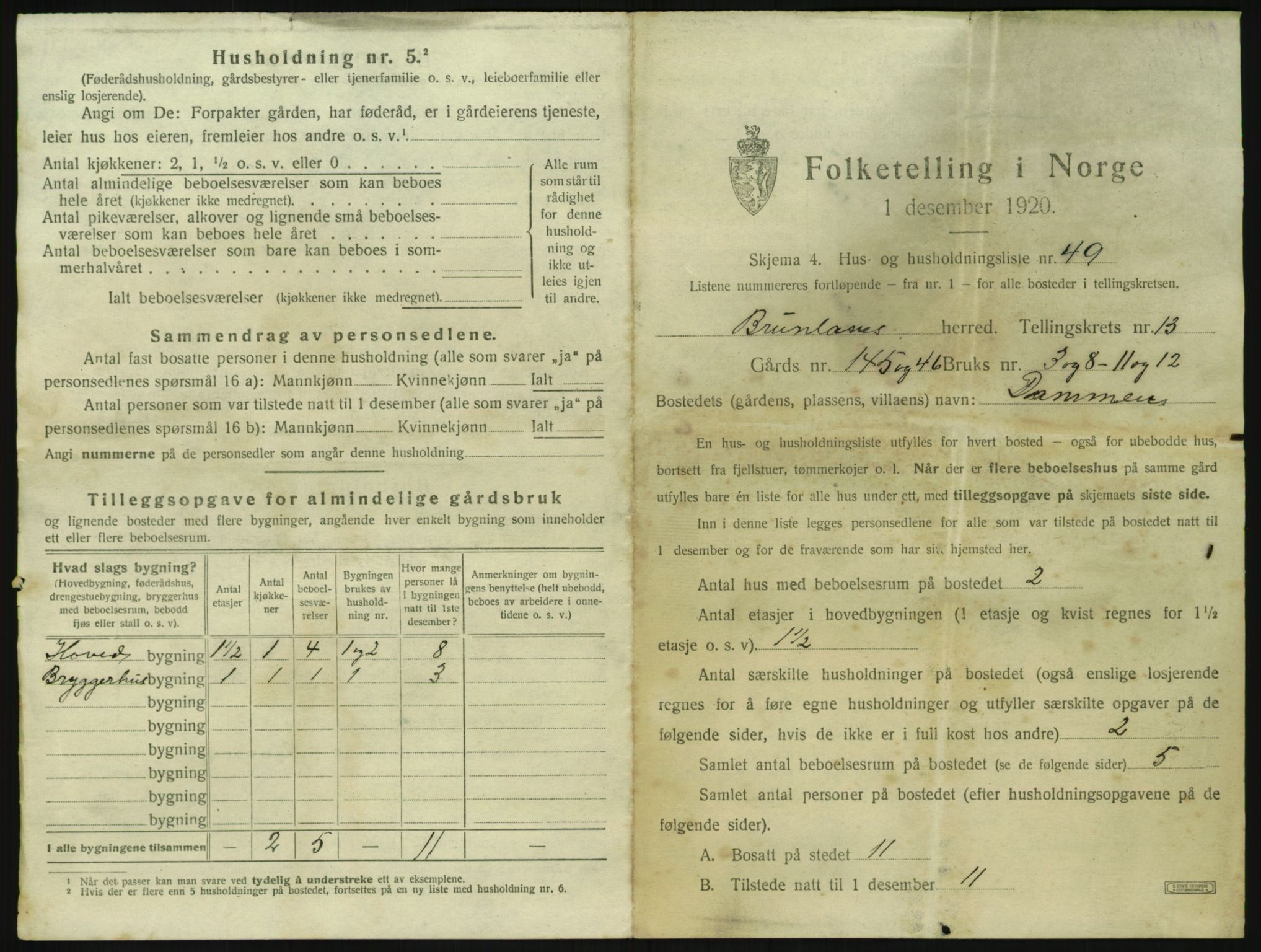 SAKO, 1920 census for Brunlanes, 1920, p. 1847