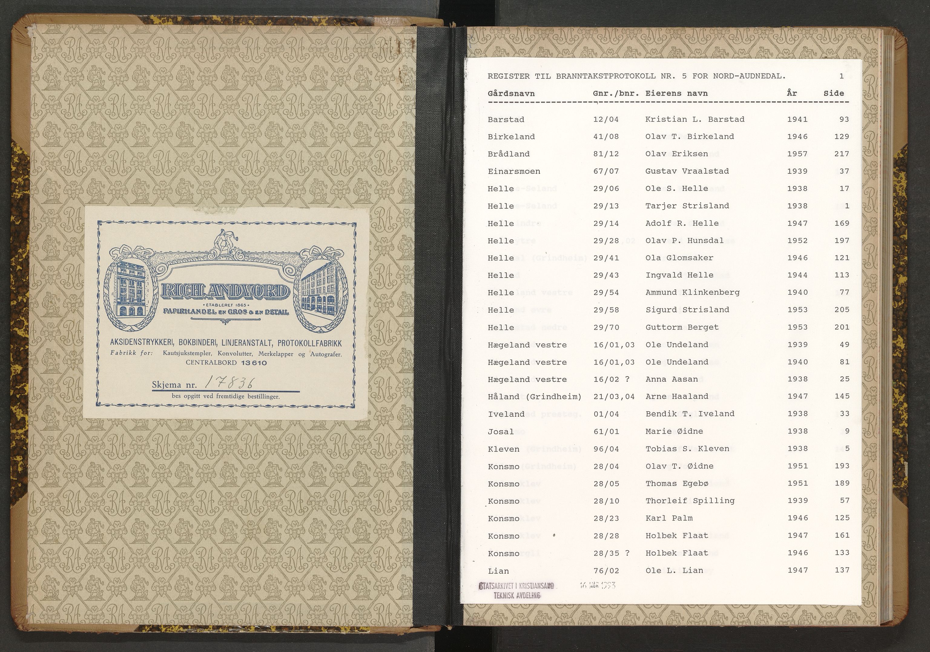 Norges Brannkasse Nord-Audnedal, SAK/2241-0041/F/Fa/L0005: Branntakstprotokoll nr. 5 med gårdsnavnregister, 1938-1957