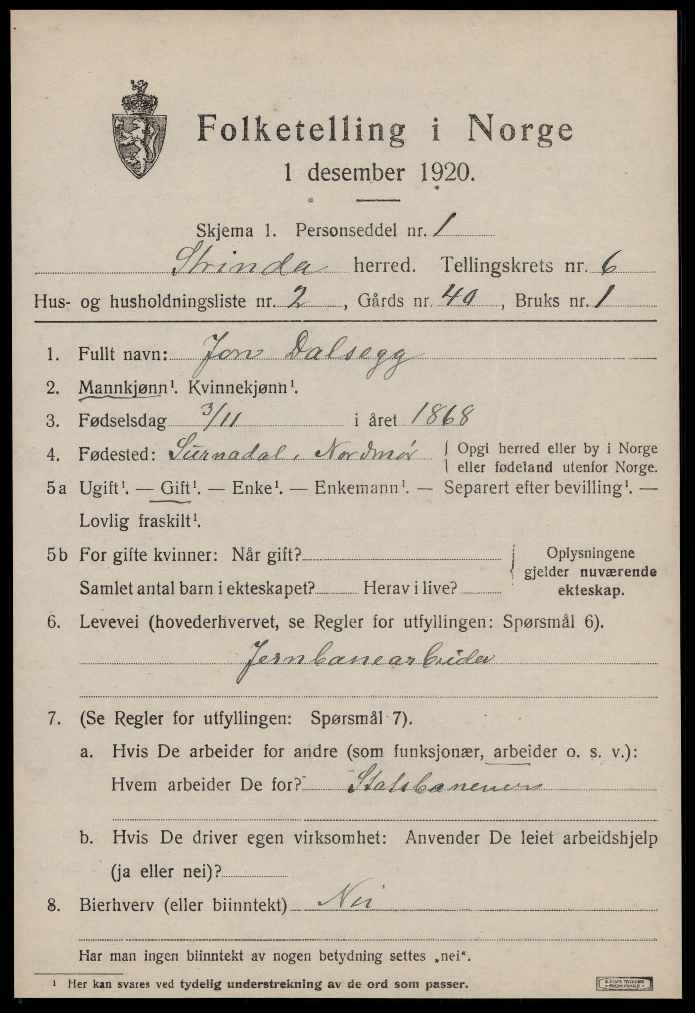 SAT, 1920 census for Strinda, 1920, p. 14456