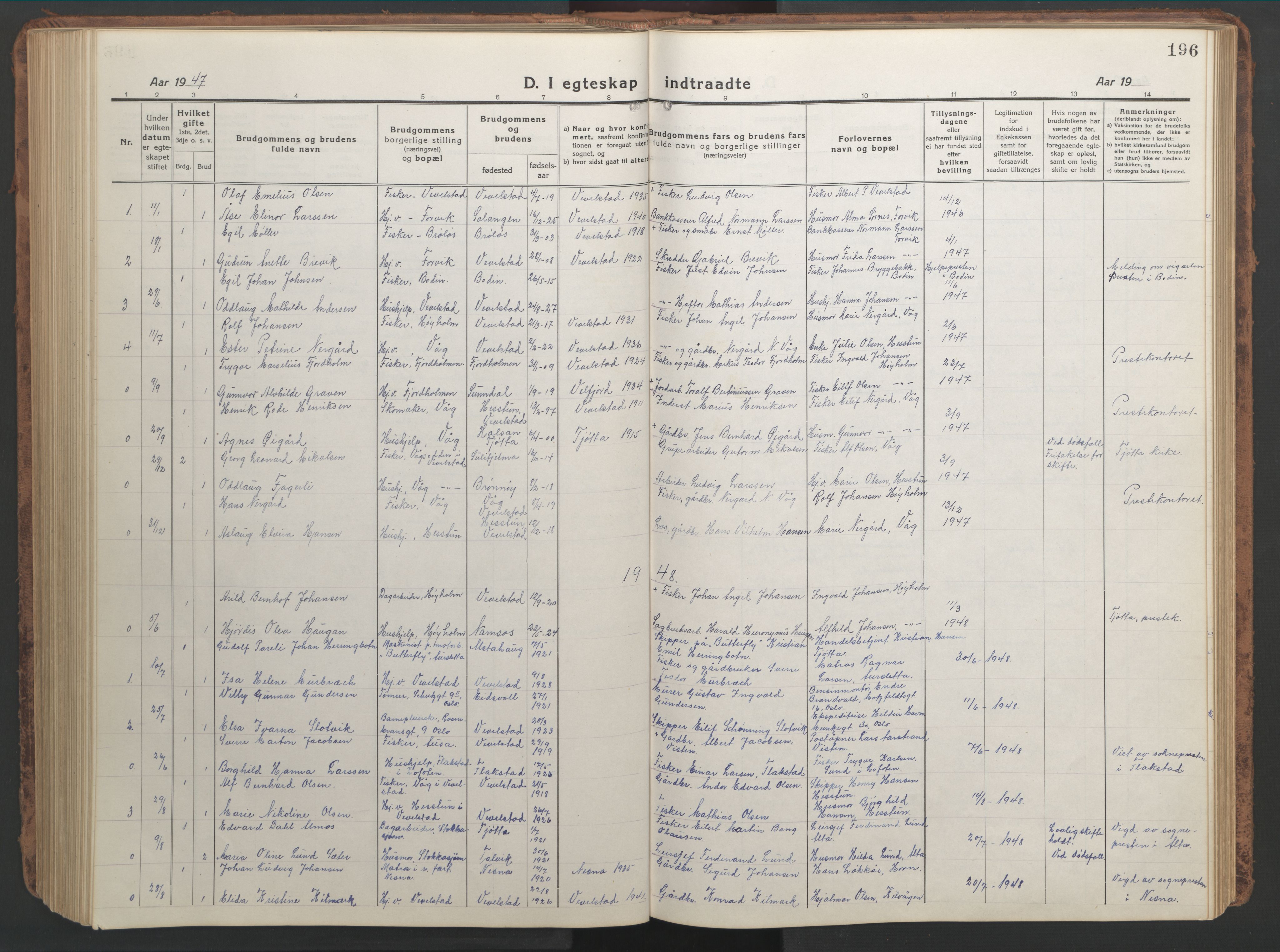 Ministerialprotokoller, klokkerbøker og fødselsregistre - Nordland, AV/SAT-A-1459/819/L0278: Parish register (copy) no. 819C04, 1917-1967, p. 196