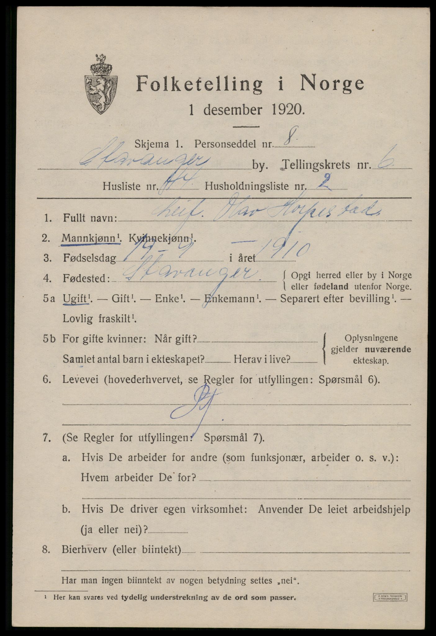 SAST, 1920 census for Stavanger, 1920, p. 43146