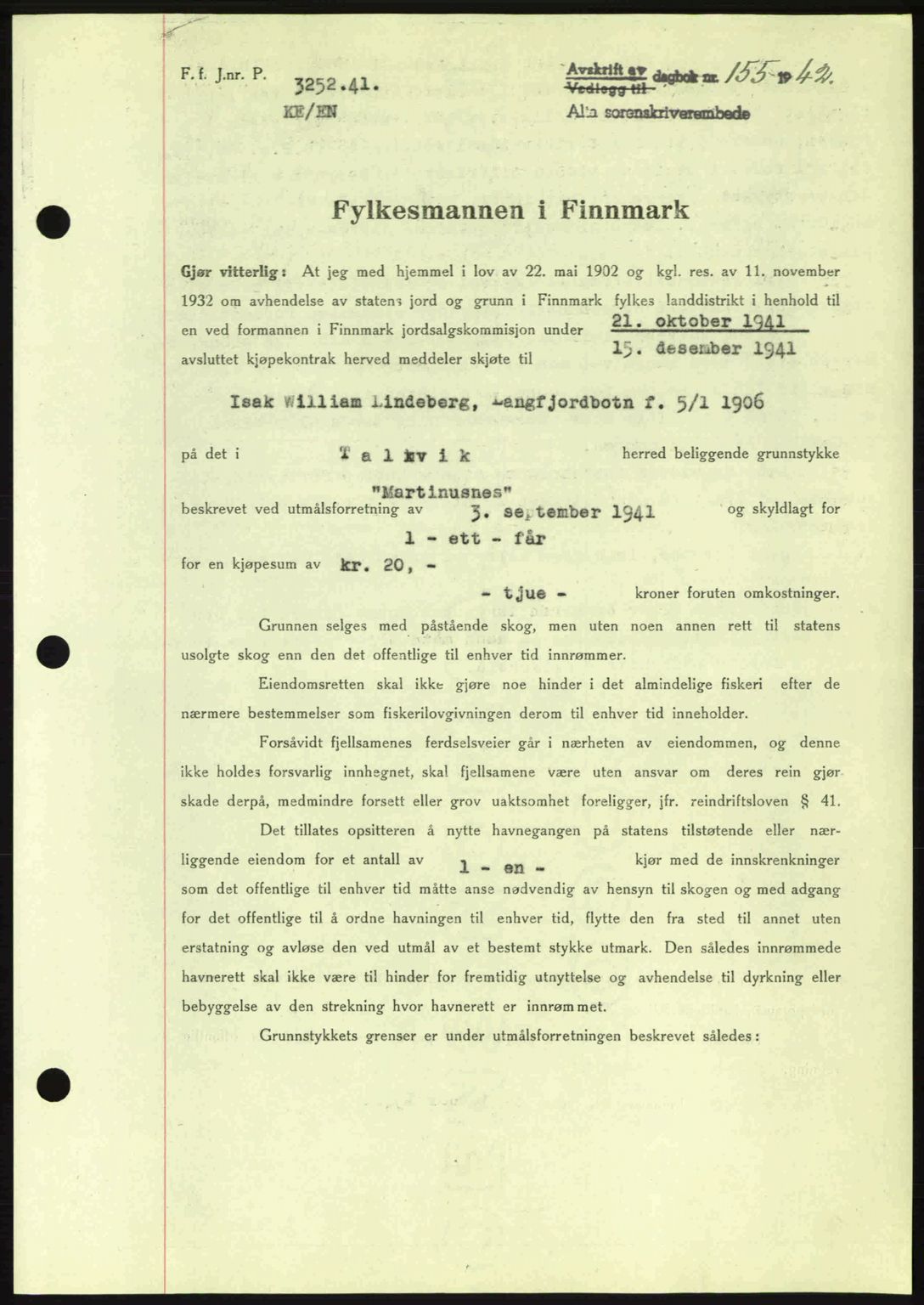 Alta fogderi/sorenskriveri, SATØ/SATØ-5/1/K/Kd/L0033pantebok: Mortgage book no. 33, 1940-1943, Diary no: : 155/1942