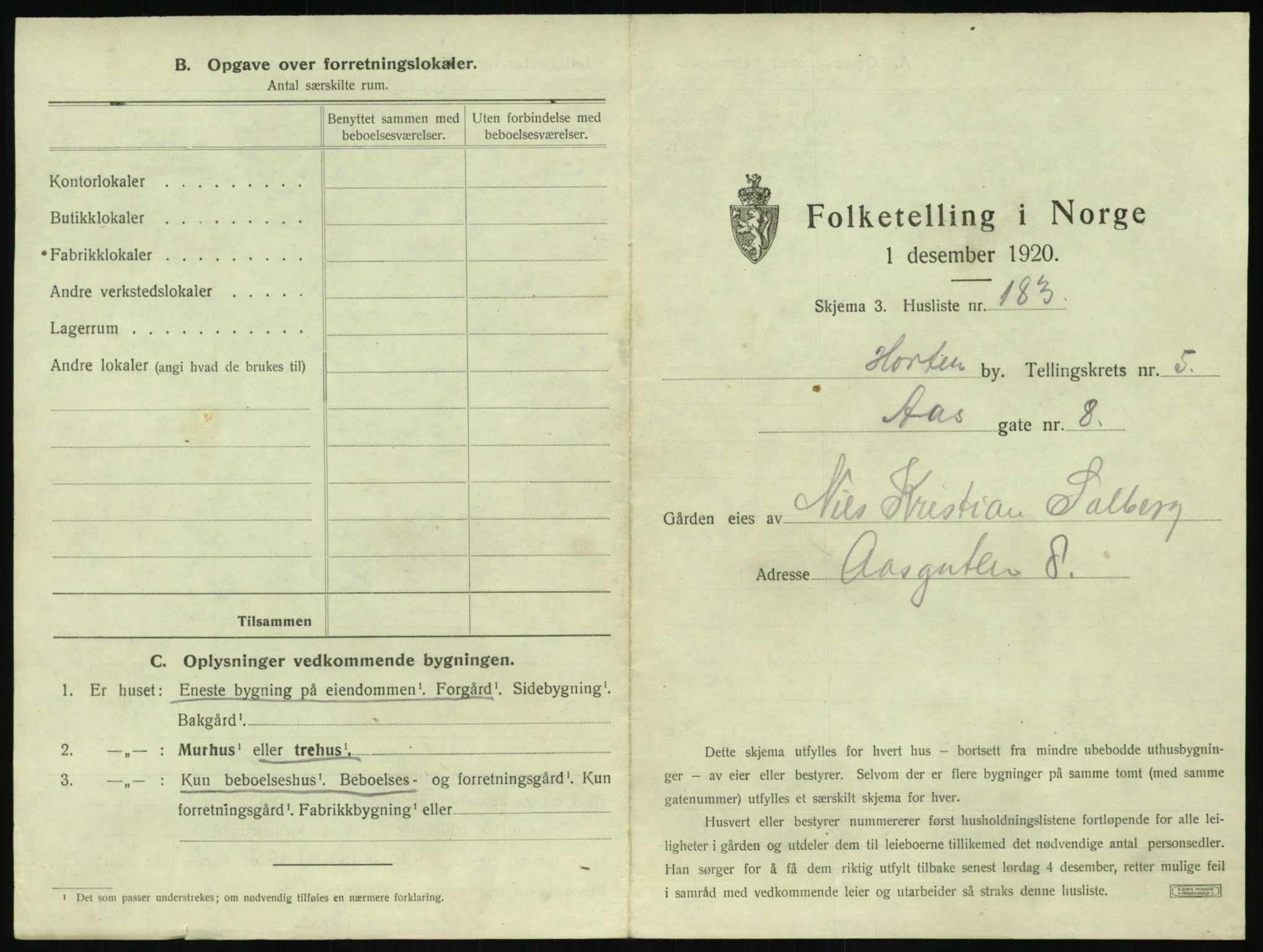 SAKO, 1920 census for Horten, 1920, p. 1909