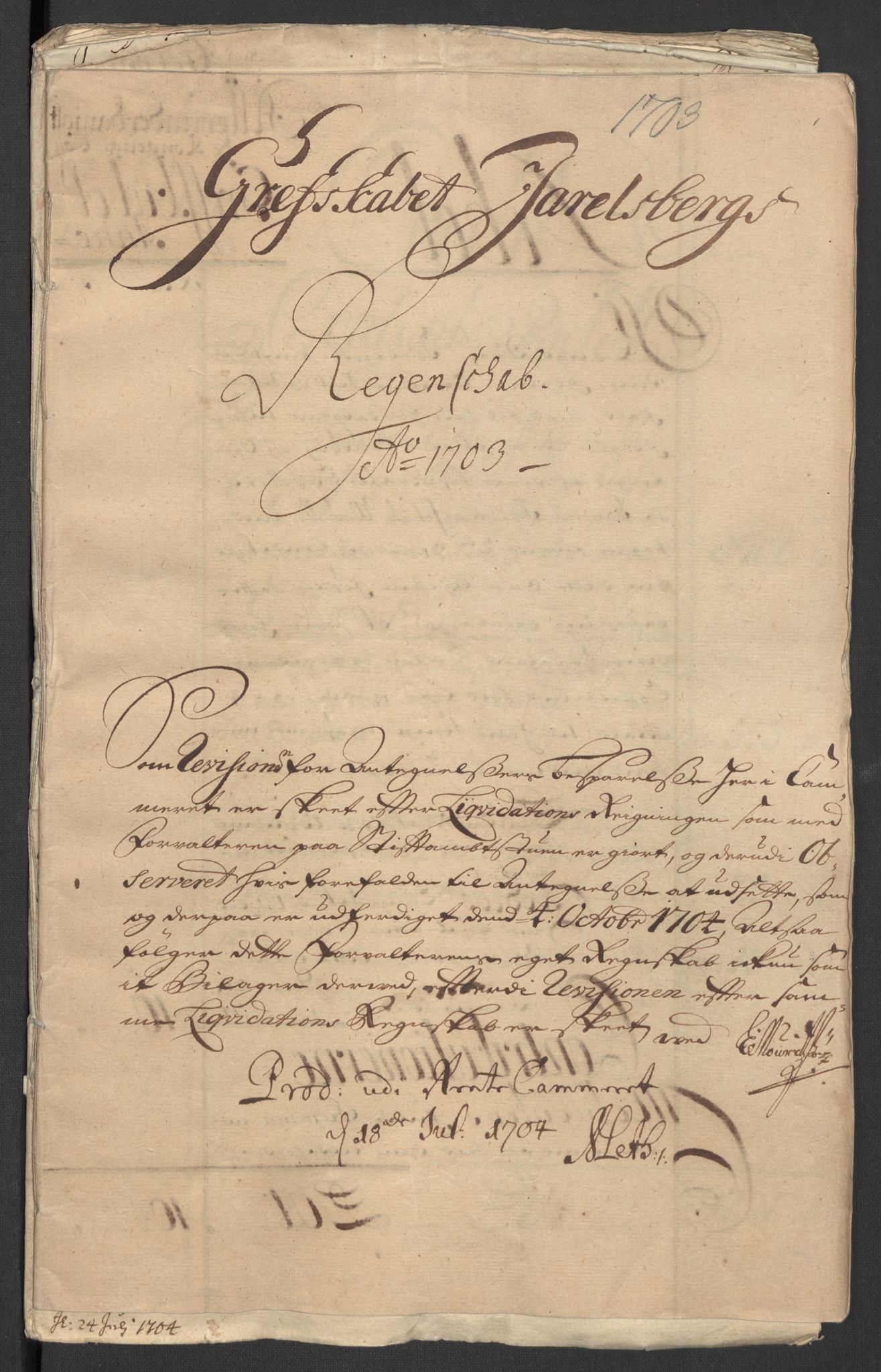 Rentekammeret inntil 1814, Reviderte regnskaper, Fogderegnskap, RA/EA-4092/R32/L1871: Fogderegnskap Jarlsberg grevskap, 1703-1705, p. 3