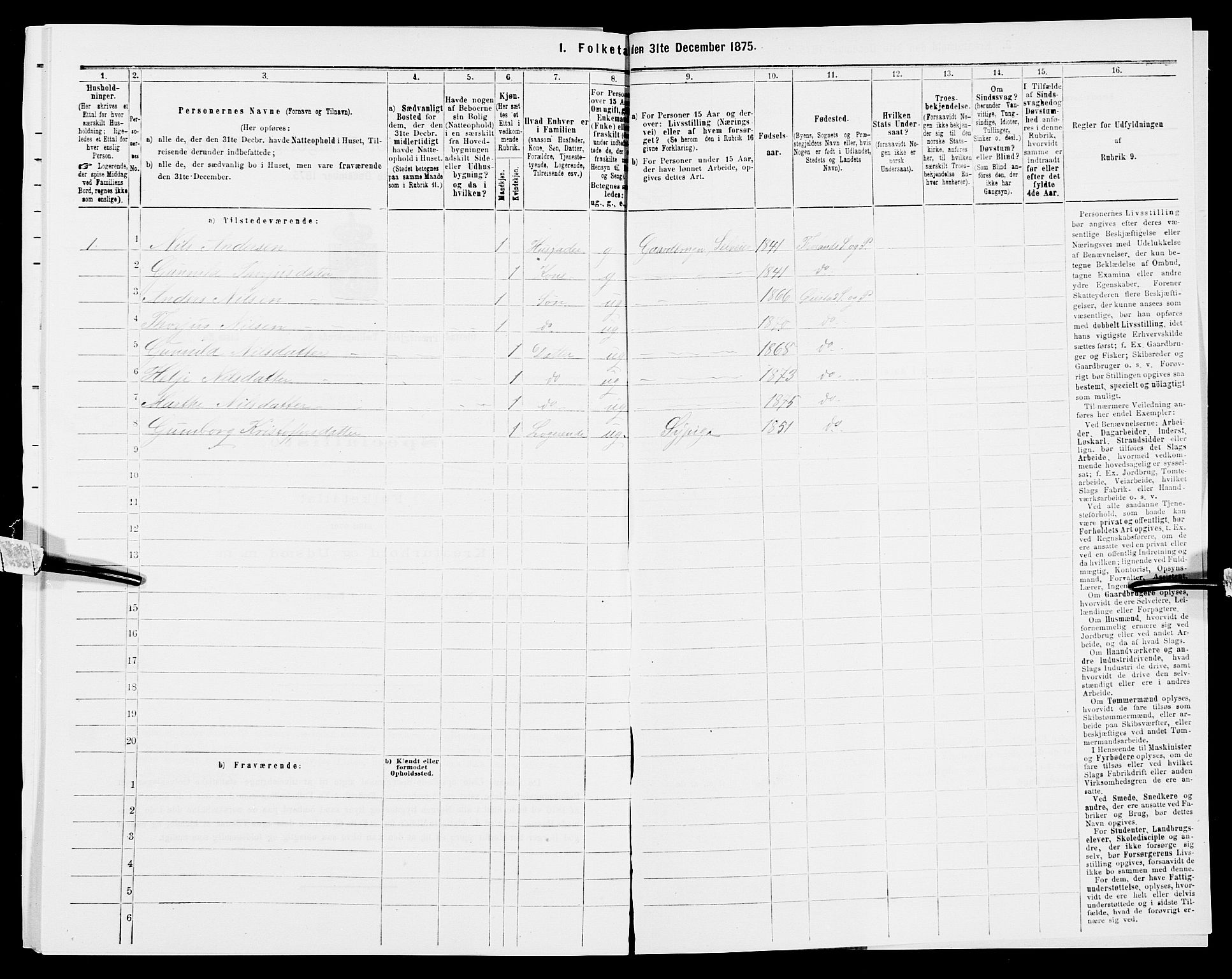 SAK, 1875 census for 0920P Øyestad, 1875, p. 600