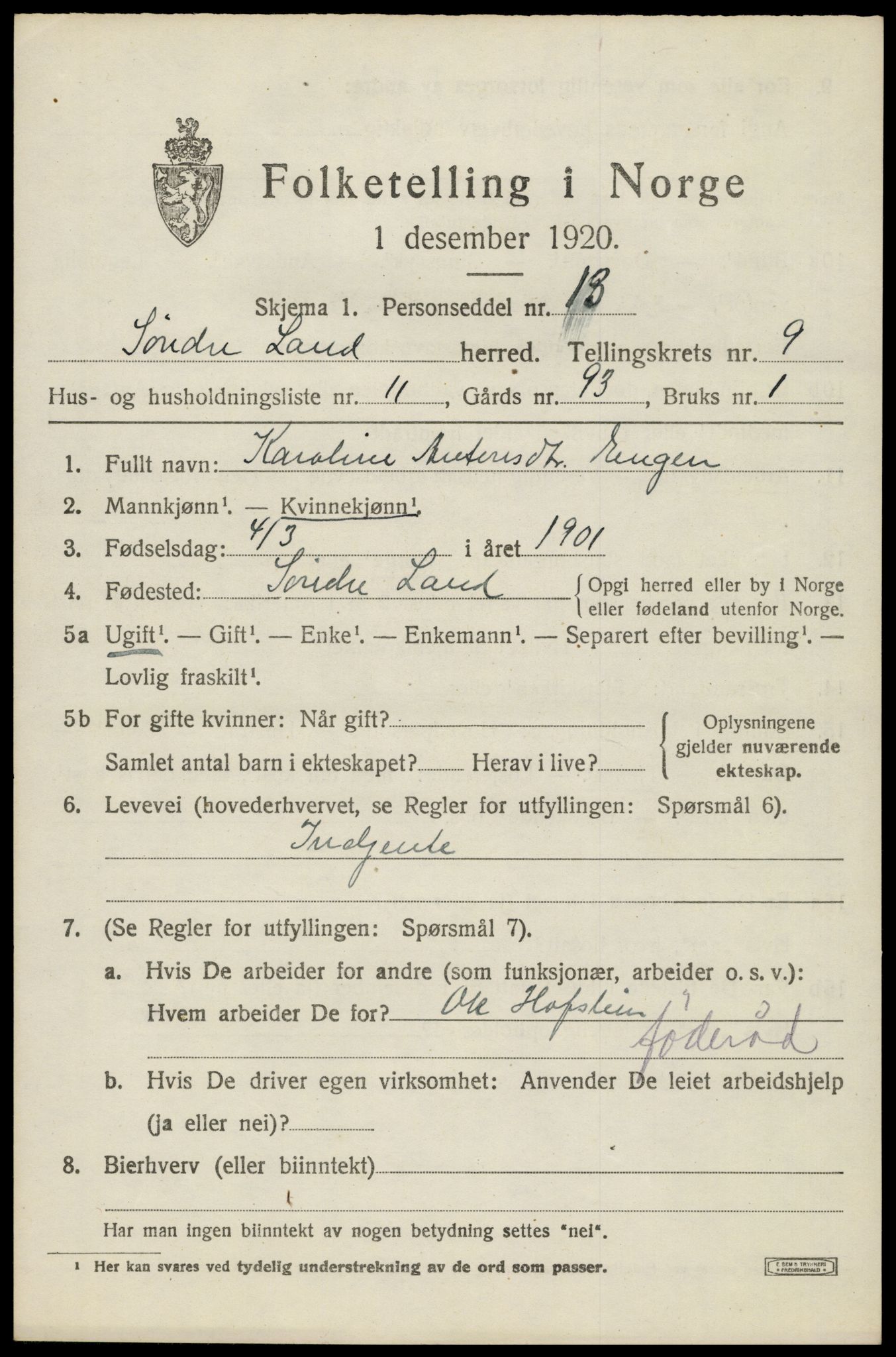 SAH, 1920 census for Søndre Land, 1920, p. 8311