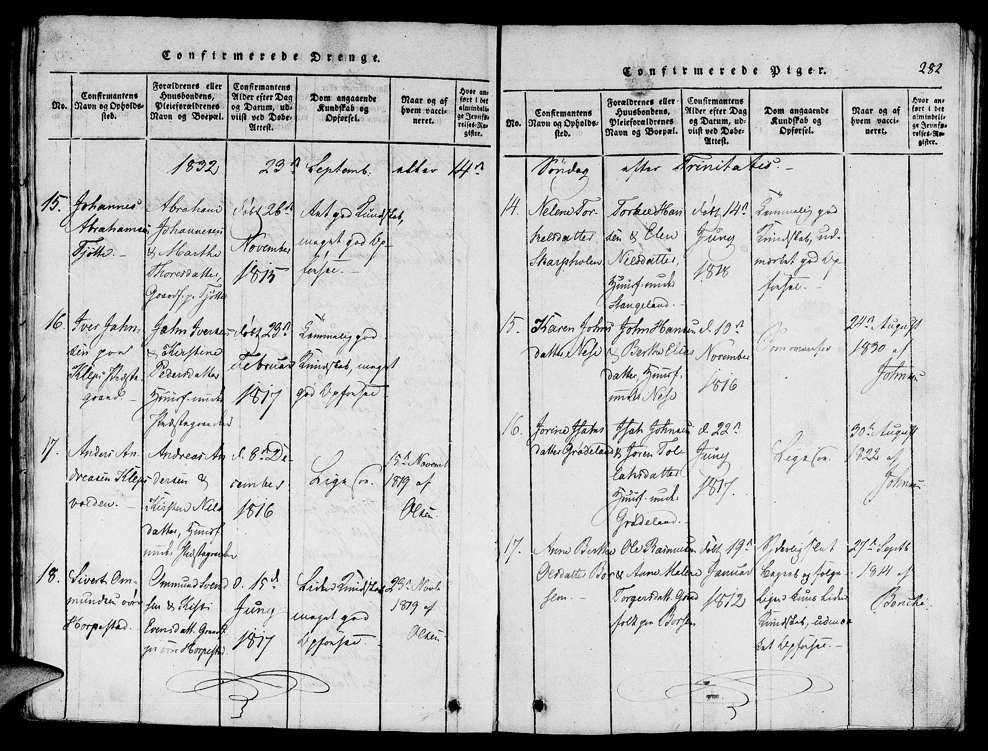 Klepp sokneprestkontor, AV/SAST-A-101803/001/3/30BA/L0002: Parish register (official) no. A 2, 1816-1833, p. 282