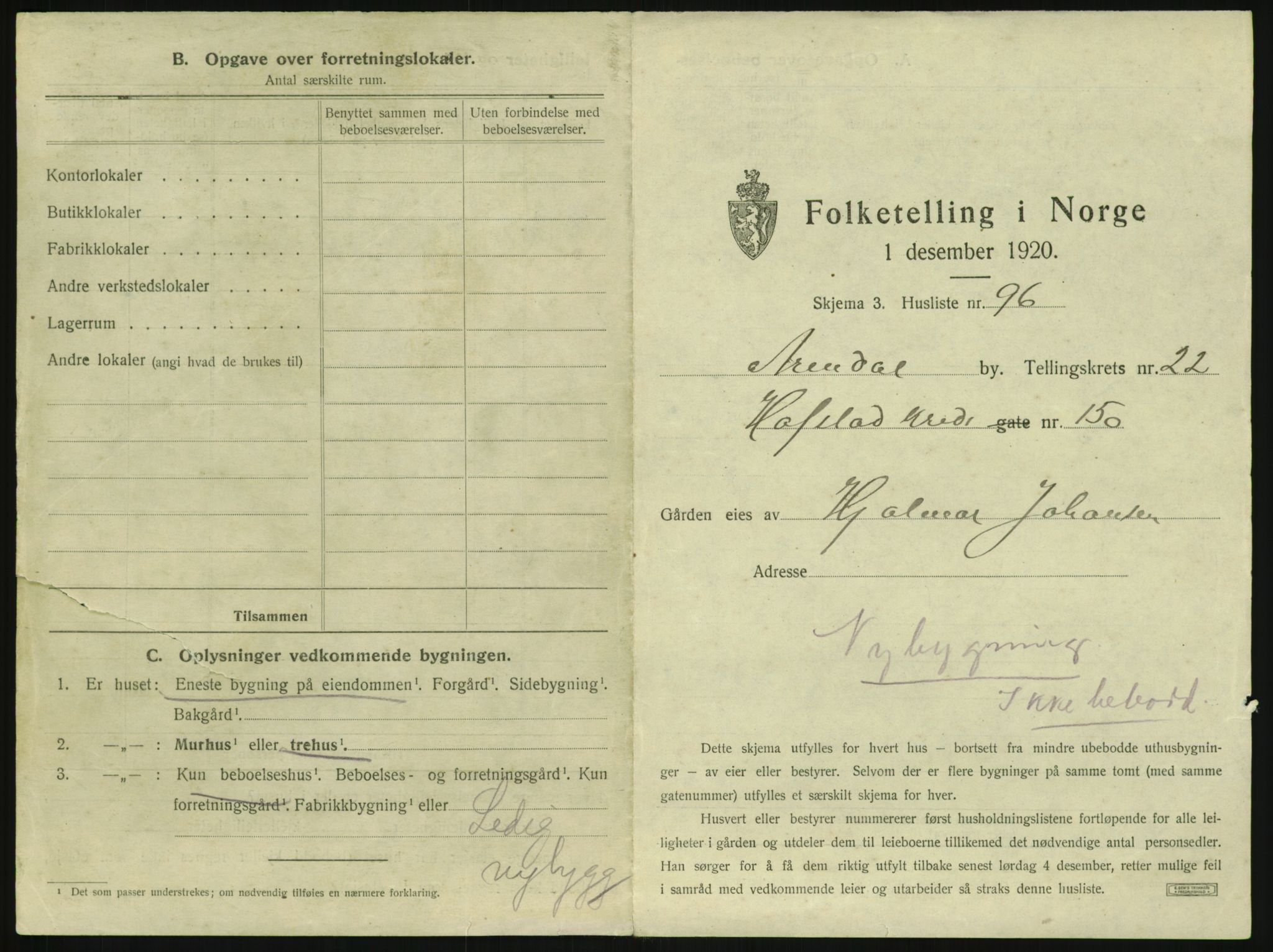 SAK, 1920 census for Arendal, 1920, p. 3558