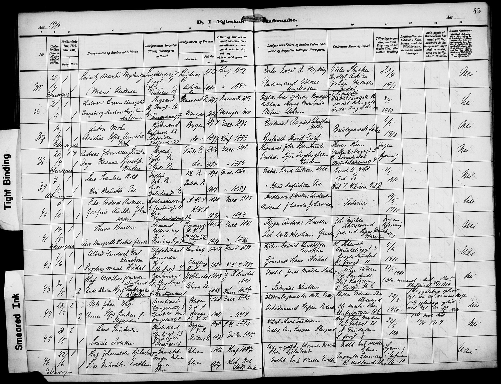 Korskirken sokneprestembete, AV/SAB-A-76101/H/Hab: Parish register (copy) no. D 4, 1906-1925, p. 45