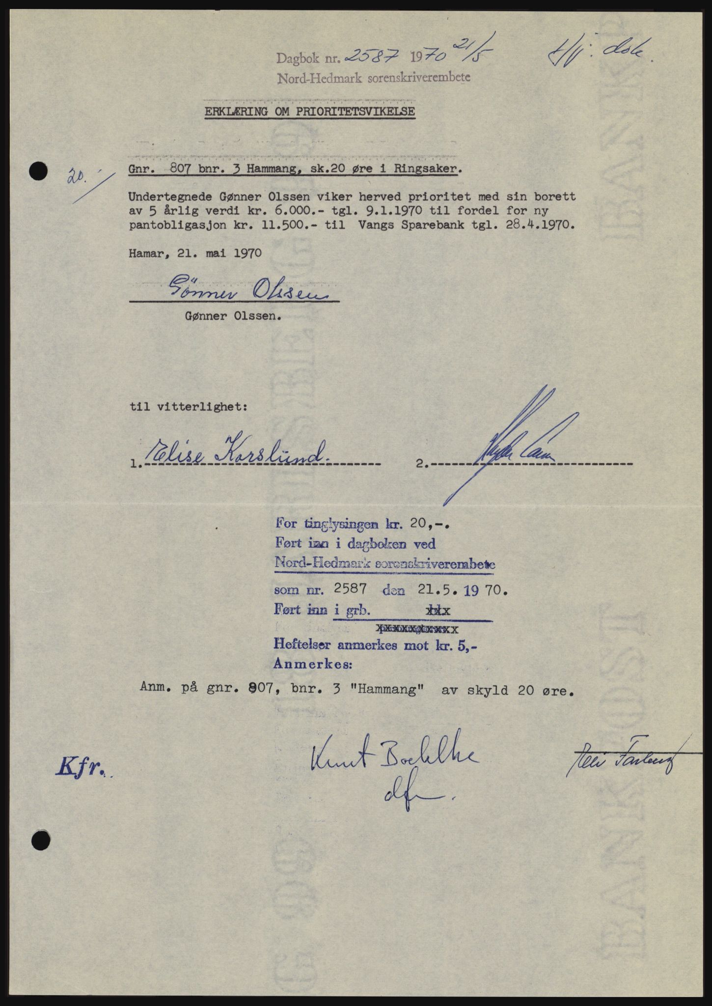 Nord-Hedmark sorenskriveri, SAH/TING-012/H/Hc/L0033: Mortgage book no. 33, 1970-1970, Diary no: : 2587/1970