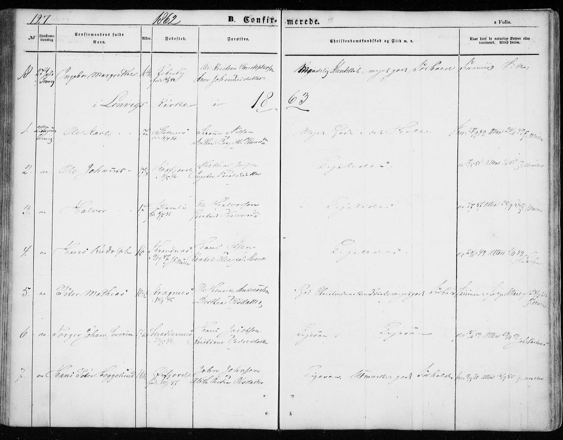 Lenvik sokneprestembete, SATØ/S-1310/H/Ha/Haa/L0007kirke: Parish register (official) no. 7, 1855-1865, p. 127