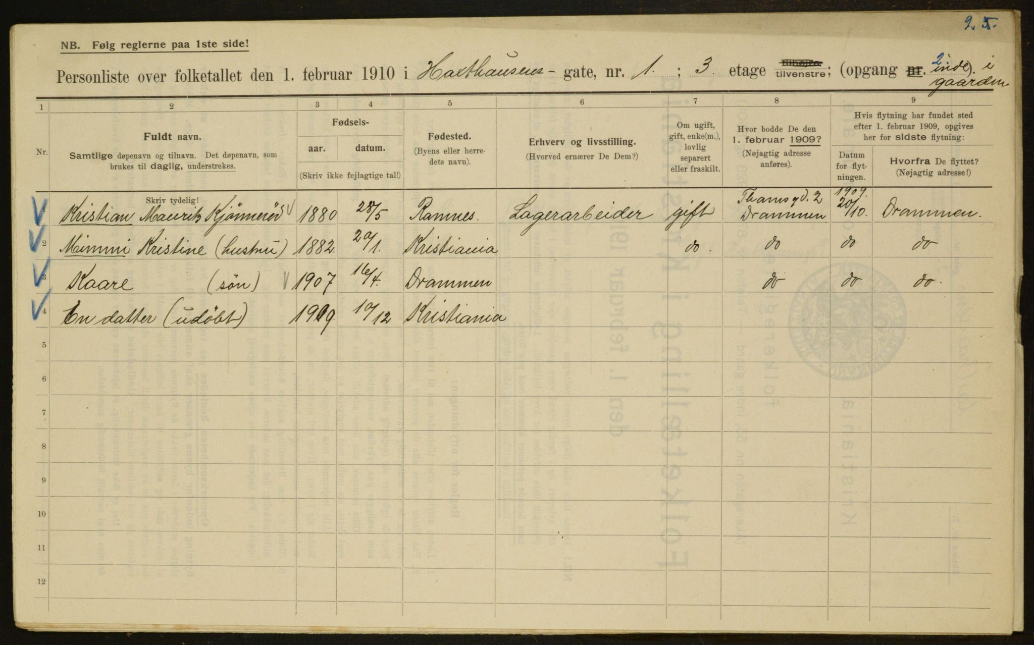 OBA, Municipal Census 1910 for Kristiania, 1910, p. 34395