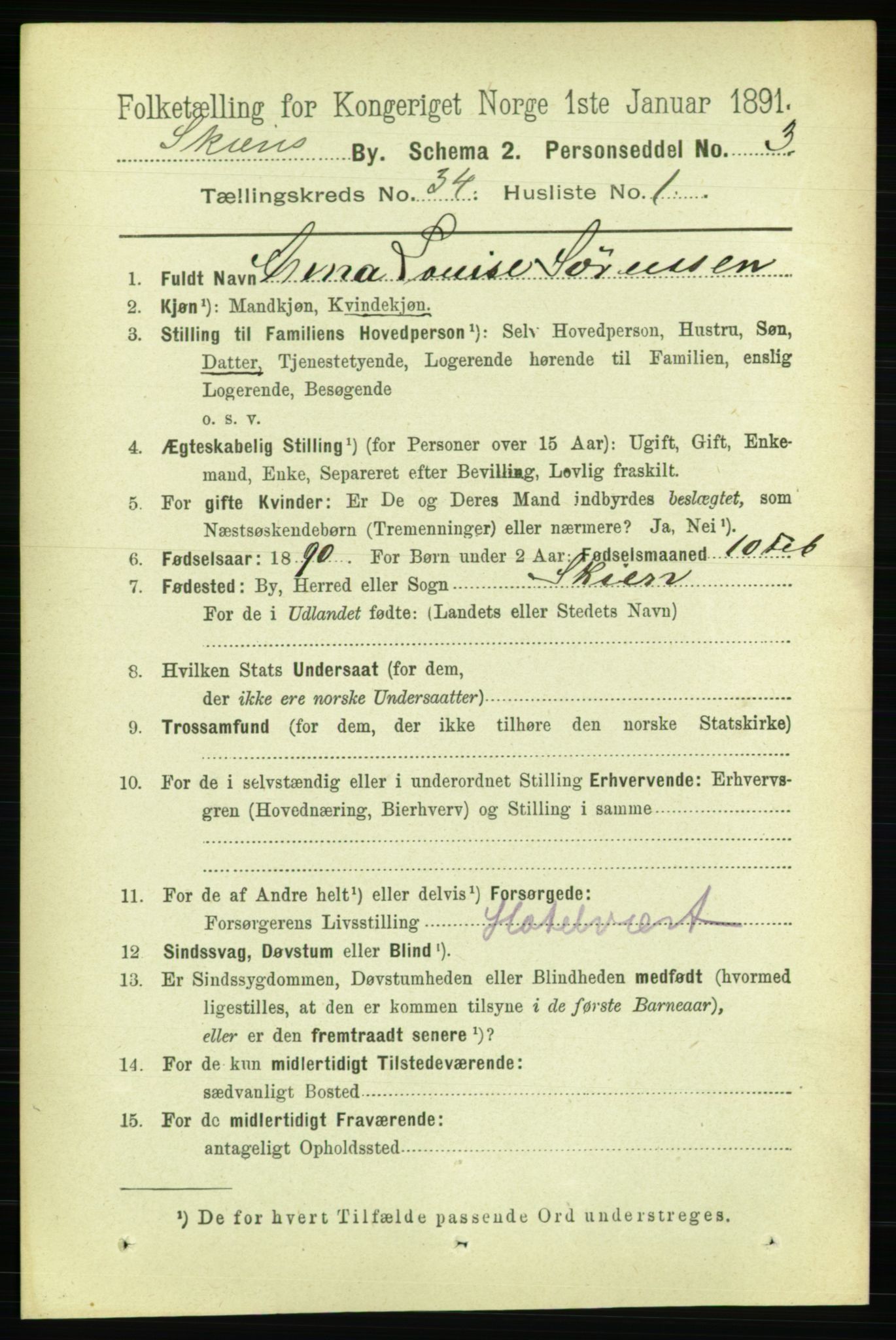 RA, 1891 census for 0806 Skien, 1891, p. 7710