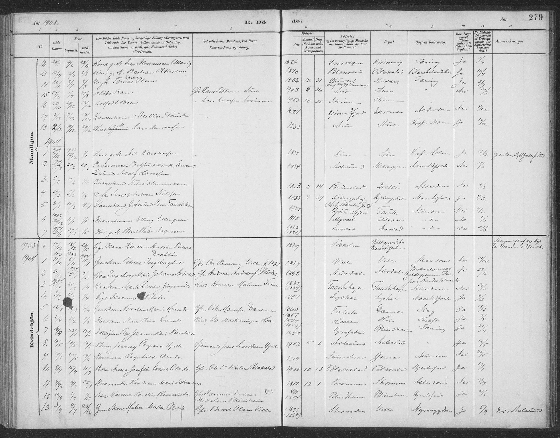 Ministerialprotokoller, klokkerbøker og fødselsregistre - Møre og Romsdal, SAT/A-1454/523/L0335: Parish register (official) no. 523A02, 1891-1911, p. 279