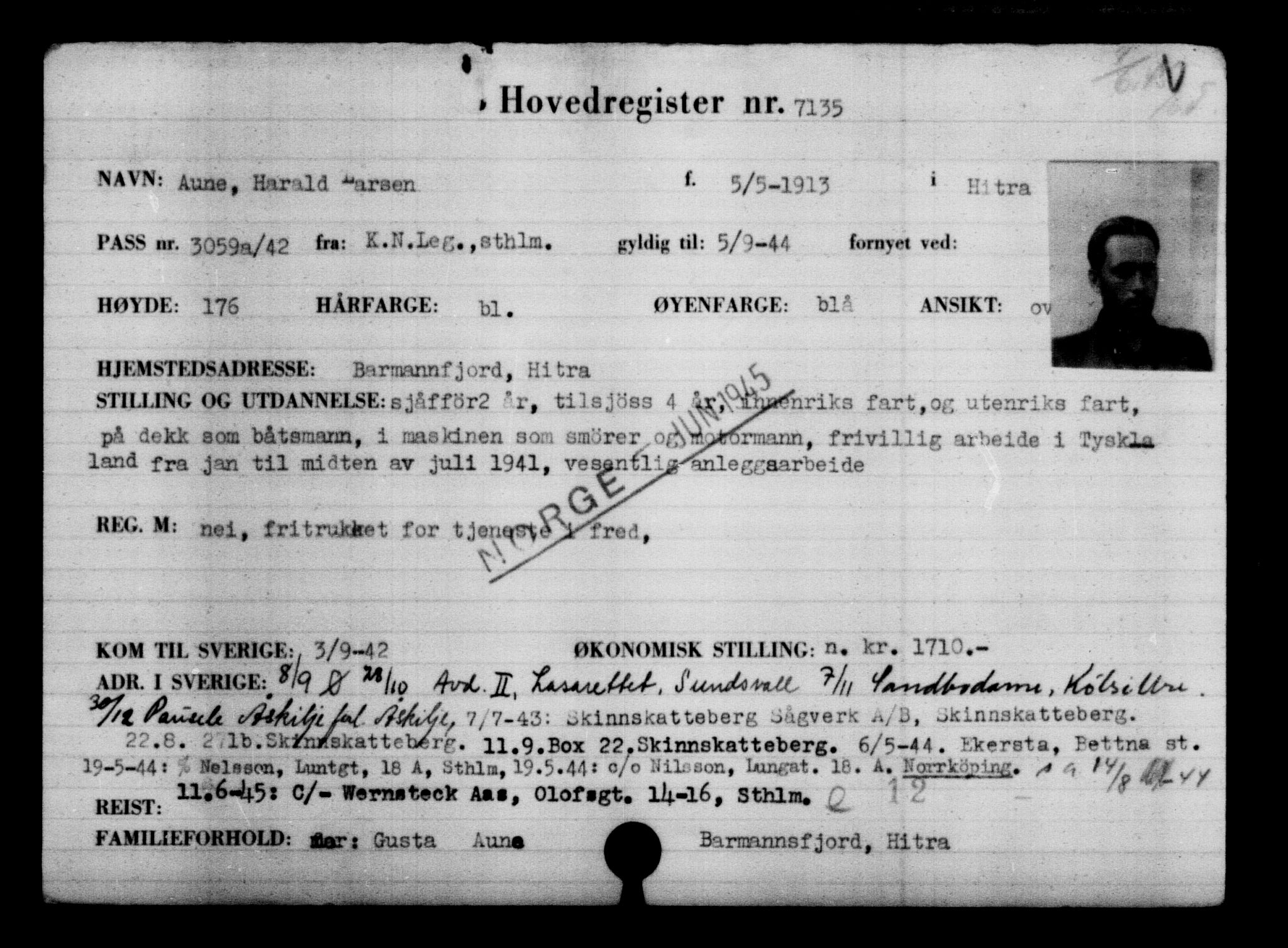 Utenriksstasjonene, Legasjonen i Stockholm, Flyktningkontoret, AV/RA-S-6753/V/Va/L0005: Kjesäterkartoteket, flyktninger med registreringsnr. 6600-9417, 1940-1945, p. 642