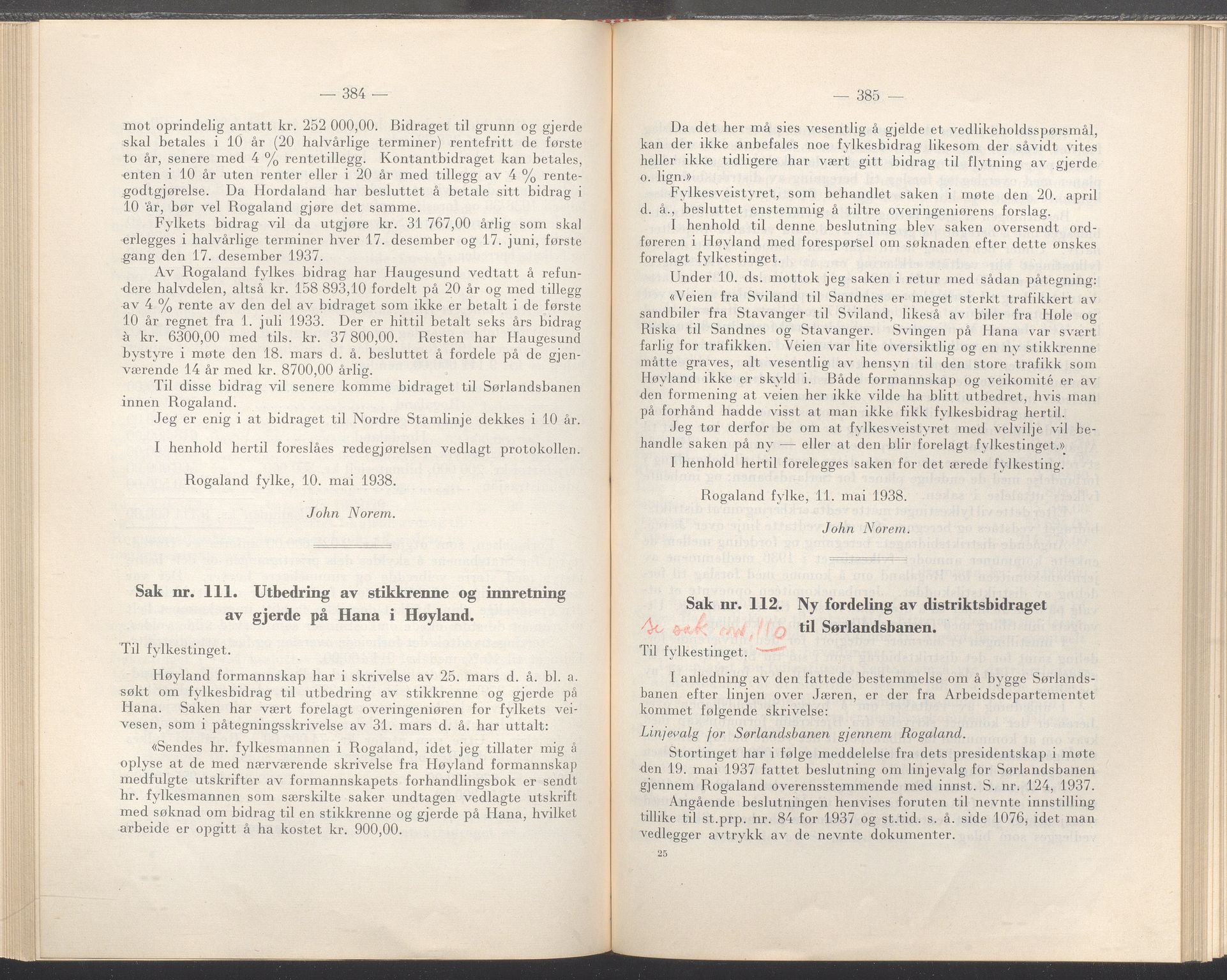 Rogaland fylkeskommune - Fylkesrådmannen , IKAR/A-900/A/Aa/Aaa/L0057: Møtebok , 1938, p. 384-385