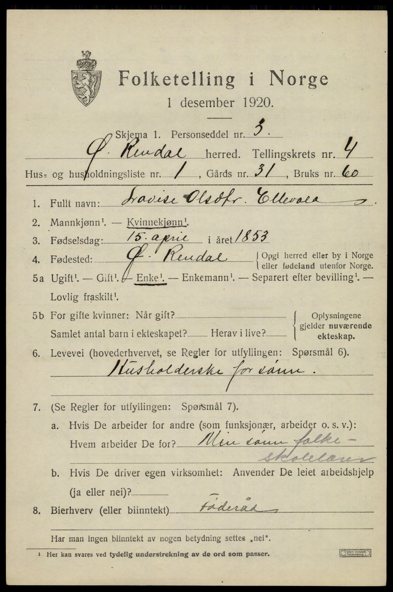 SAH, 1920 census for Øvre Rendal, 1920, p. 1585