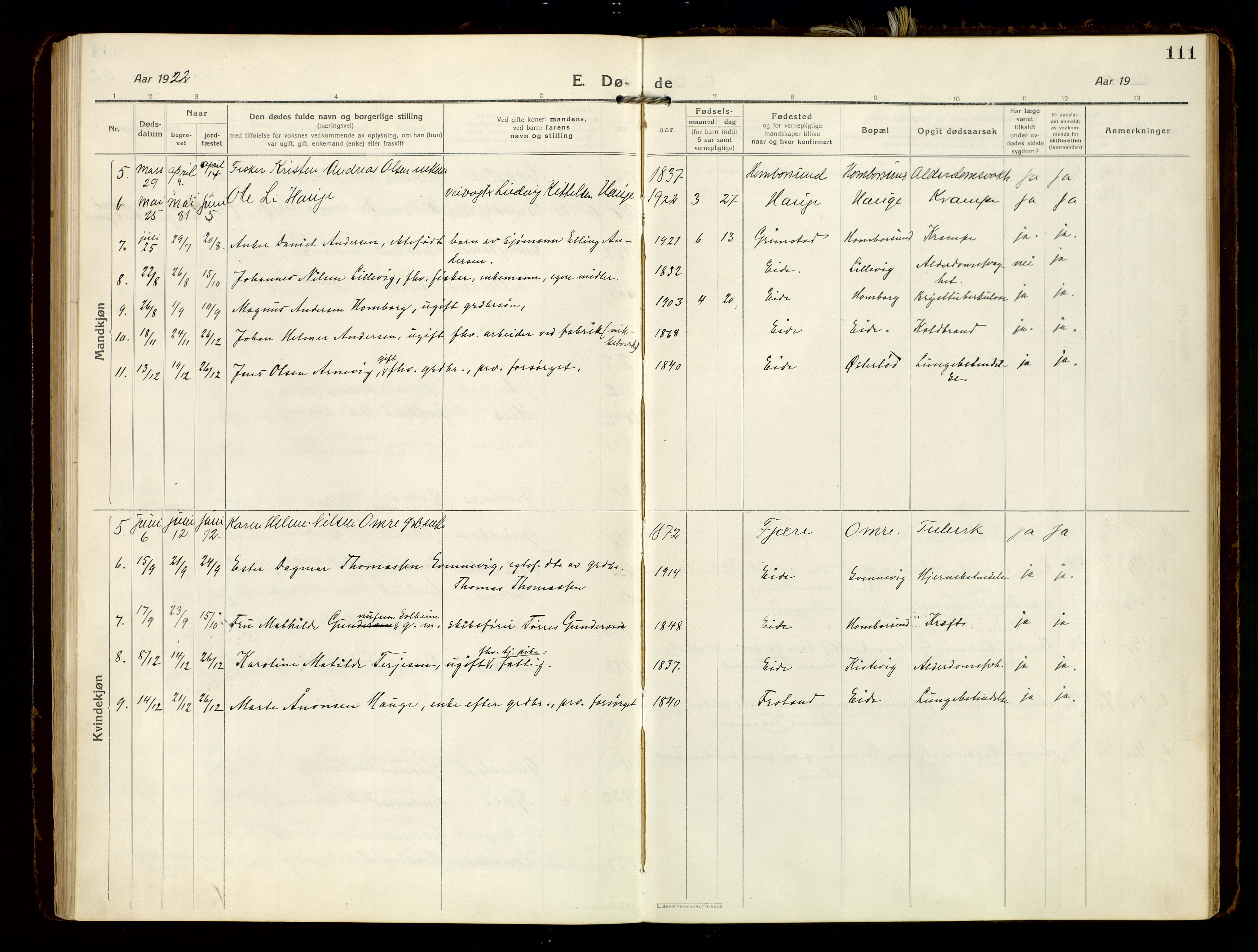 Hommedal sokneprestkontor, SAK/1111-0023/F/Fa/Faa/L0004: Parish register (official) no. A 4, 1916-1945, p. 111