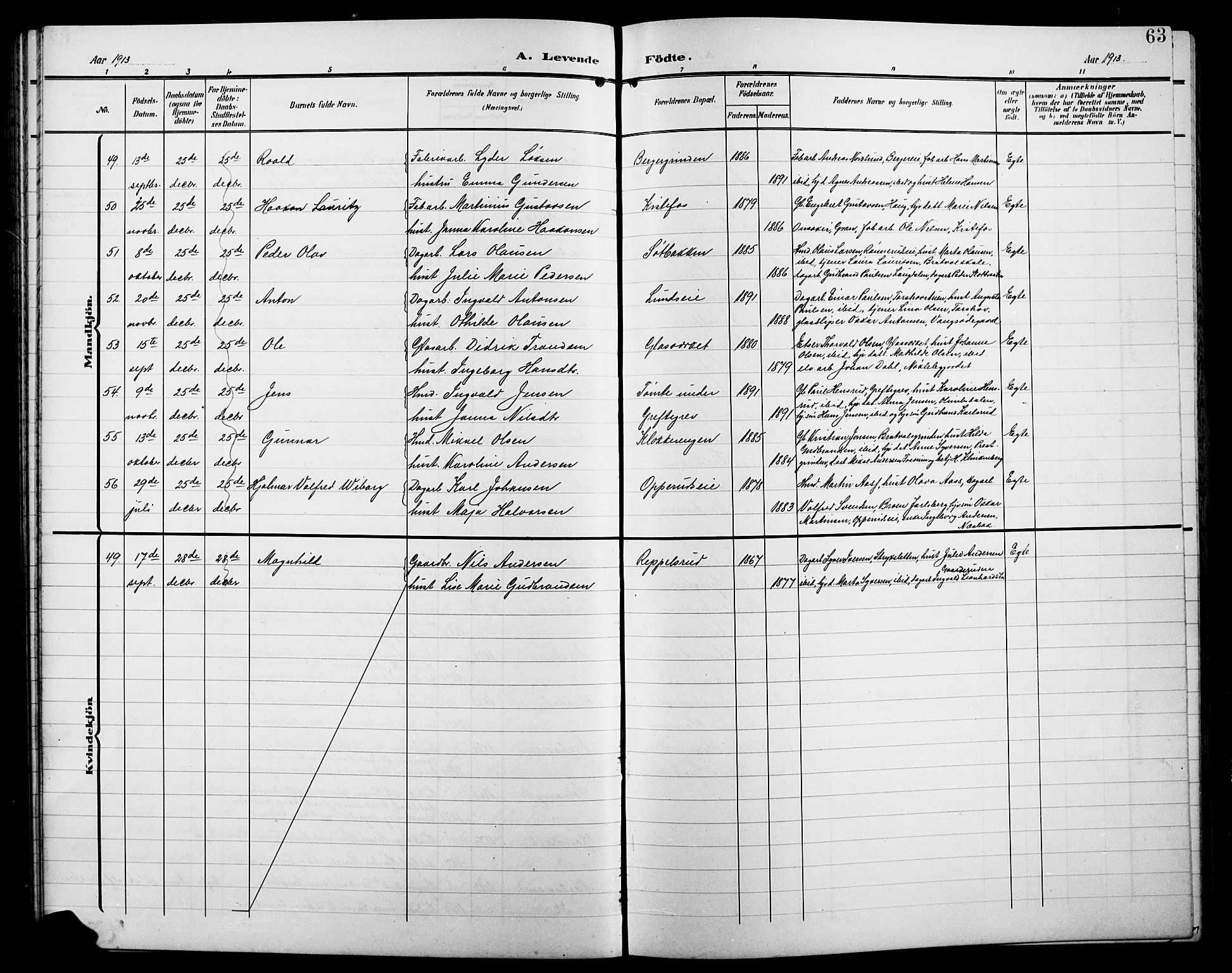 Jevnaker prestekontor, SAH/PREST-116/H/Ha/Hab/L0004: Parish register (copy) no. 4, 1907-1918, p. 63