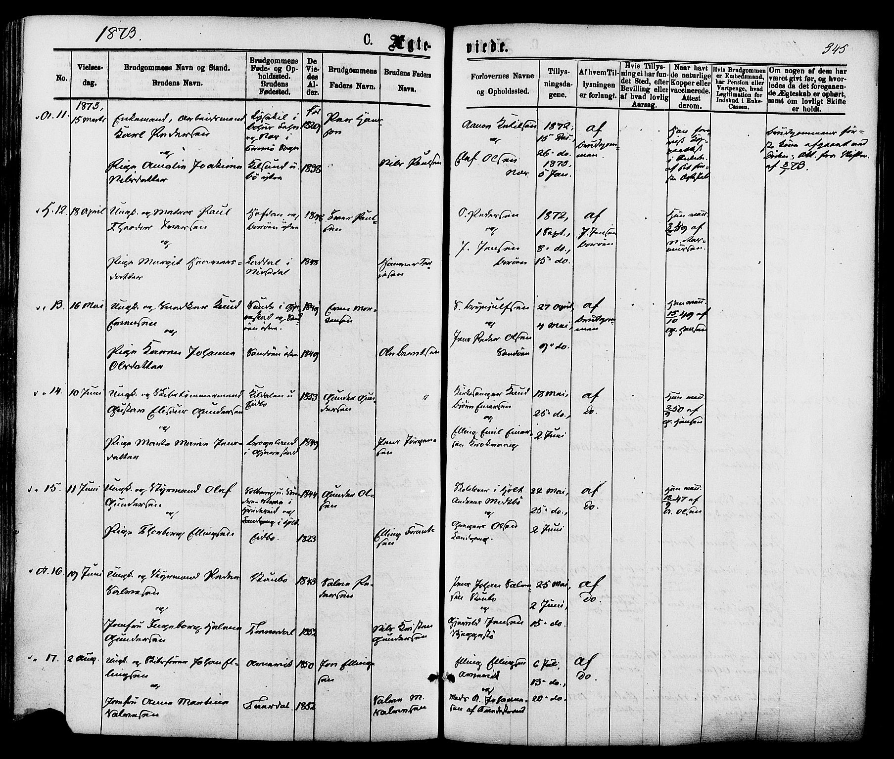 Dypvåg sokneprestkontor, AV/SAK-1111-0007/F/Fa/Faa/L0007: Parish register (official) no. A 7/ 1, 1872-1884, p. 345