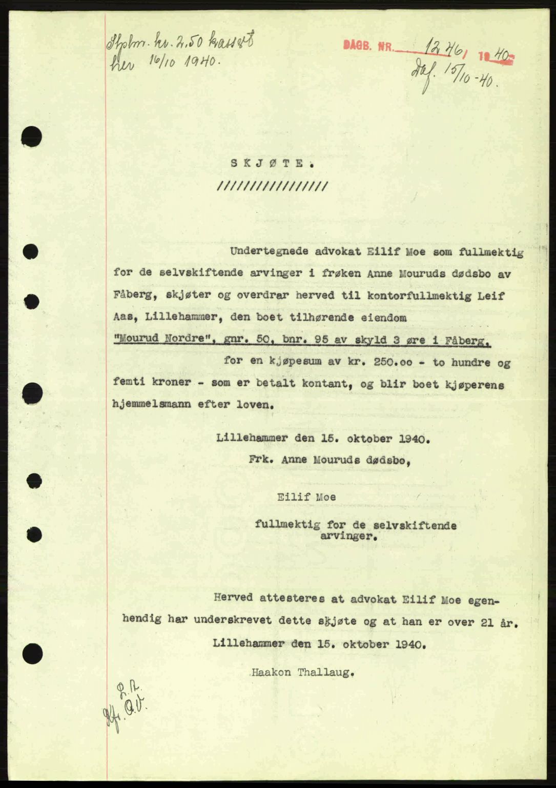 Sør-Gudbrandsdal tingrett, AV/SAH-TING-004/H/Hb/Hbd/L0008: Mortgage book no. A8, 1940-1941, Diary no: : 1246/1940