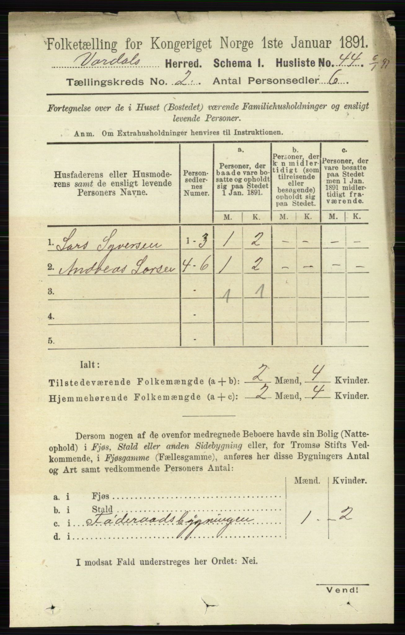 RA, 1891 census for 0527 Vardal, 1891, p. 508