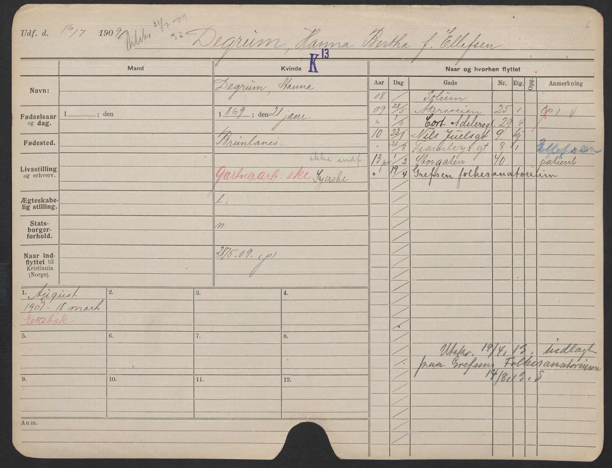 Oslo folkeregister, Registerkort, AV/SAO-A-11715/F/Fa/Fac/L0013: Kvinner, 1906-1914, p. 1252a