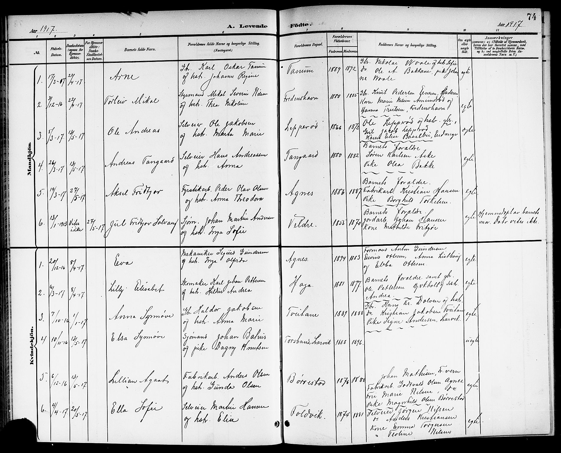 Brunlanes kirkebøker, SAKO/A-342/G/Ga/L0004: Parish register (copy) no. I 4, 1898-1921, p. 74