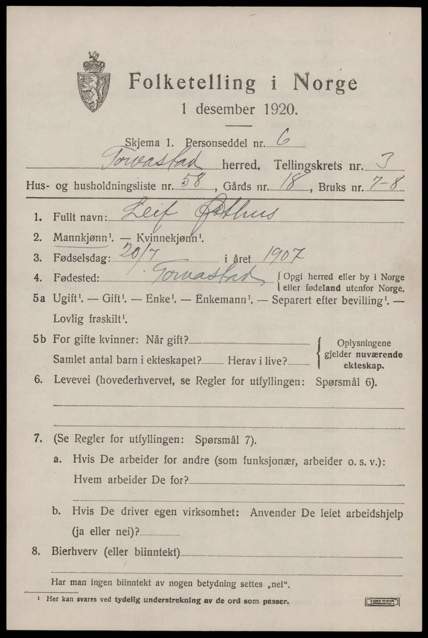 SAST, 1920 census for Torvastad, 1920, p. 3600