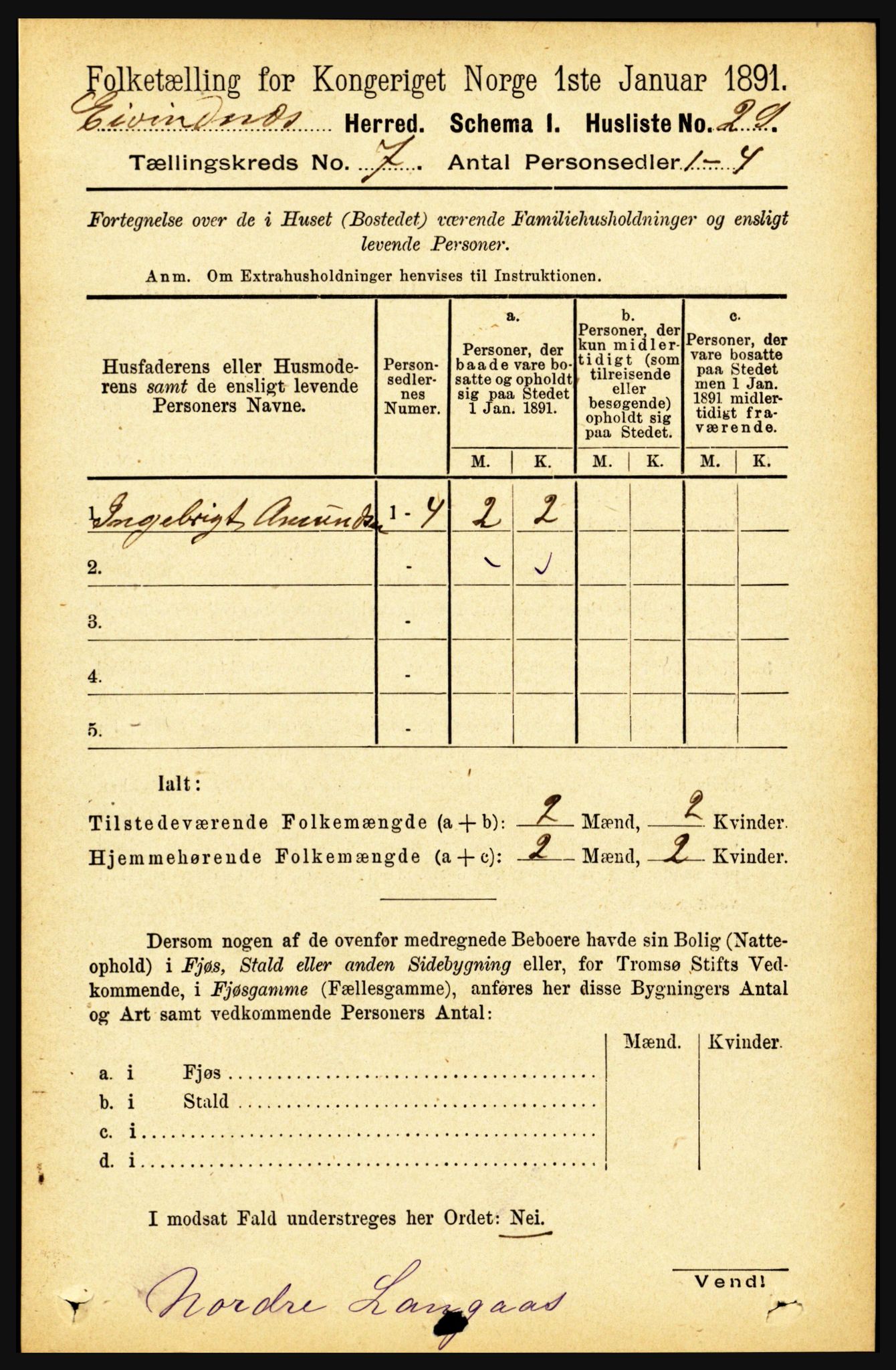 RA, 1891 census for 1853 Evenes, 1891, p. 2150