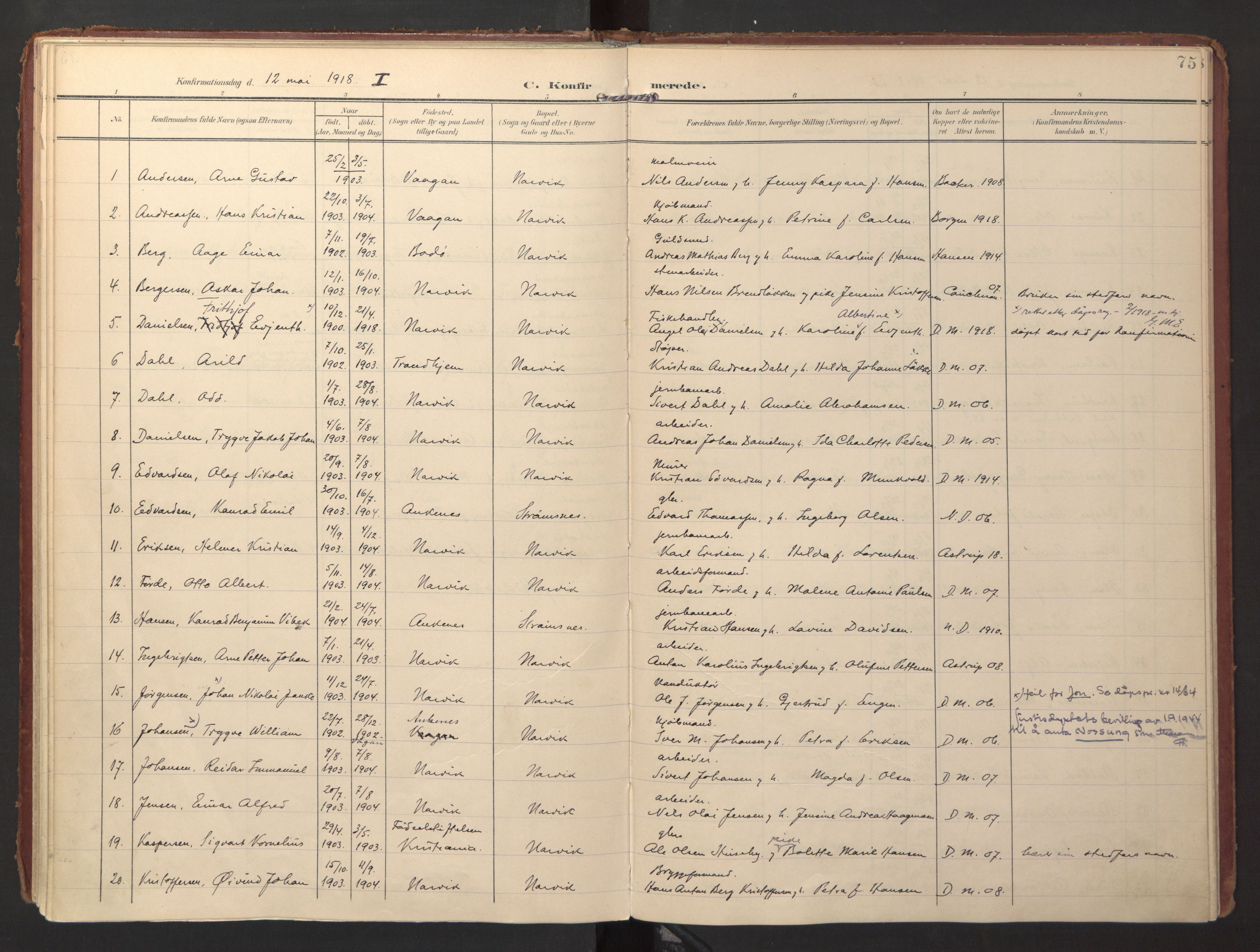 Ministerialprotokoller, klokkerbøker og fødselsregistre - Nordland, SAT/A-1459/871/L0998: Parish register (official) no. 871A14, 1902-1921, p. 75