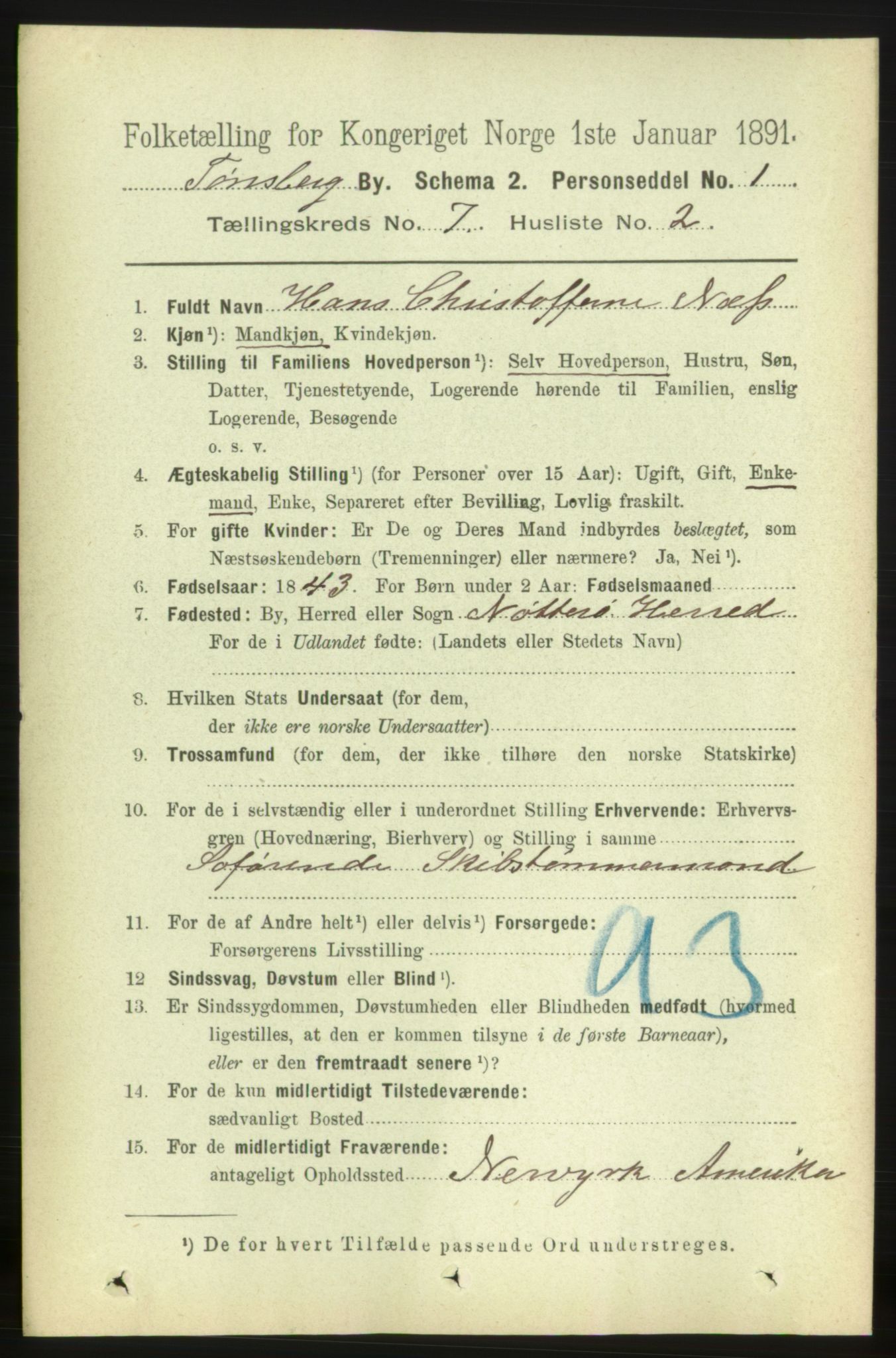 RA, 1891 census for 0705 Tønsberg, 1891, p. 2727