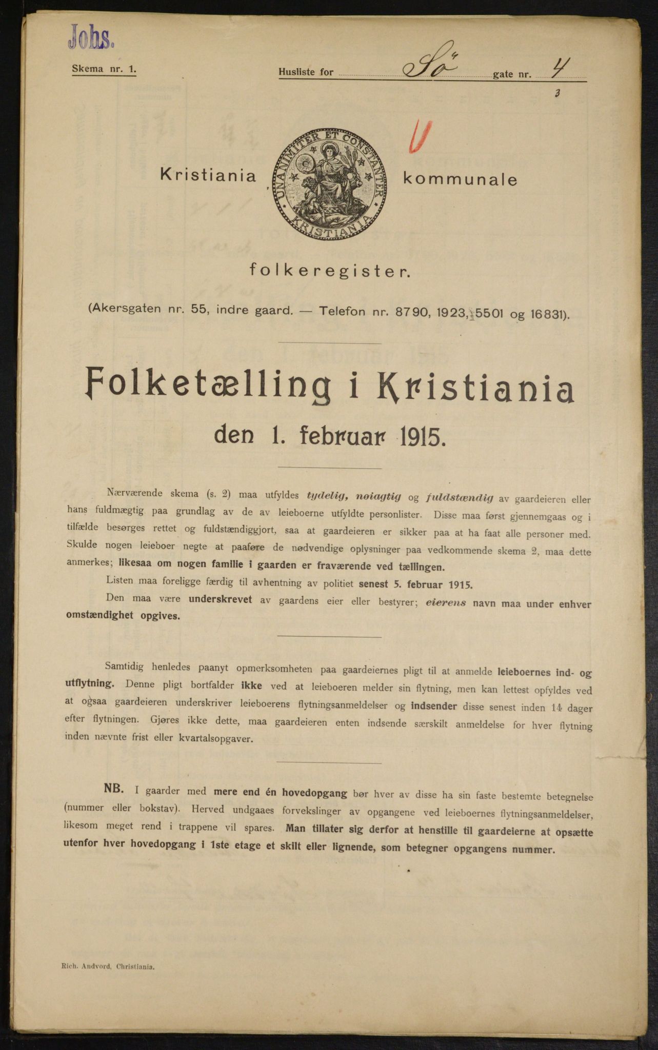 OBA, Municipal Census 1915 for Kristiania, 1915, p. 94985