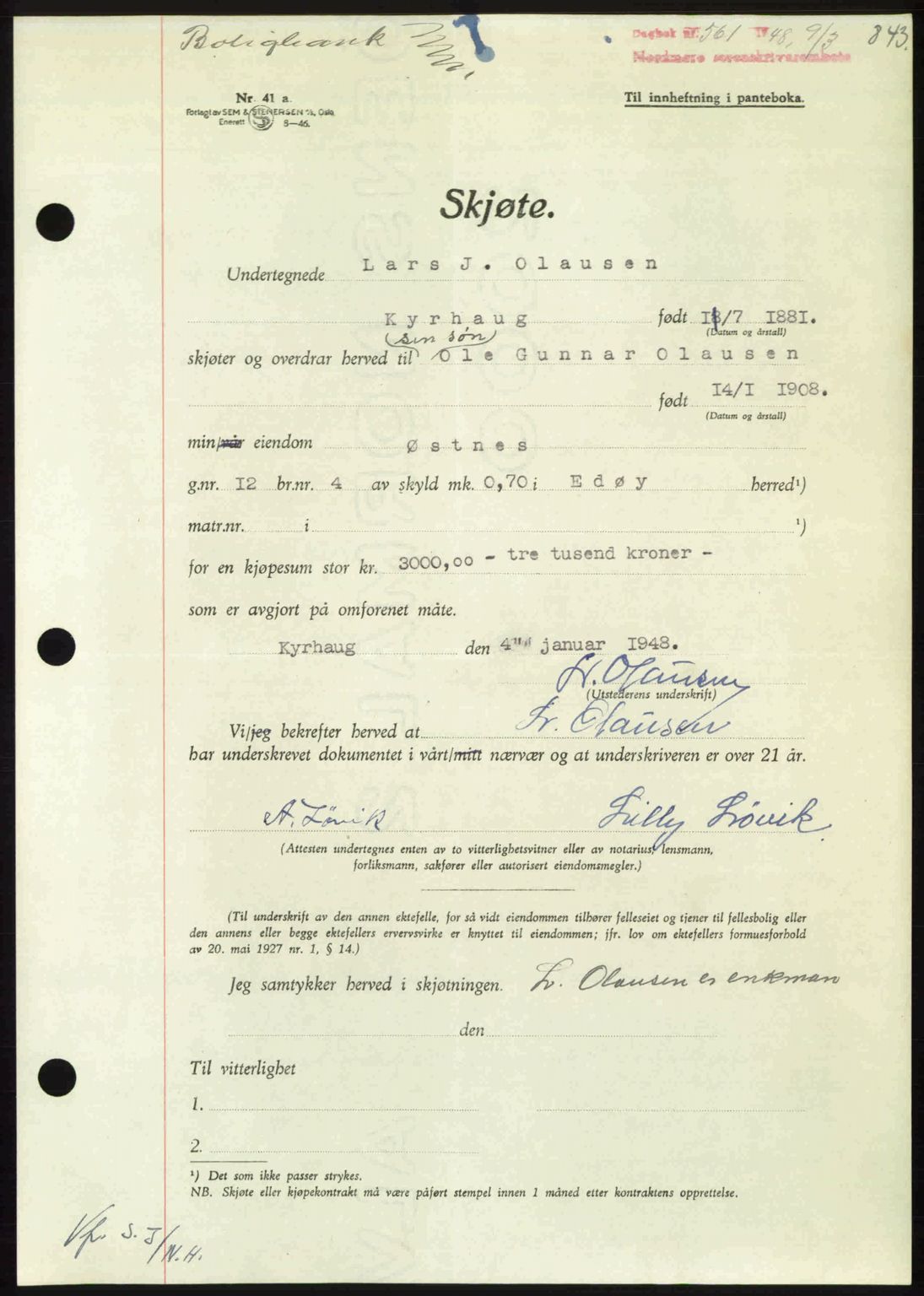 Nordmøre sorenskriveri, AV/SAT-A-4132/1/2/2Ca: Mortgage book no. A107, 1947-1948, Diary no: : 561/1948