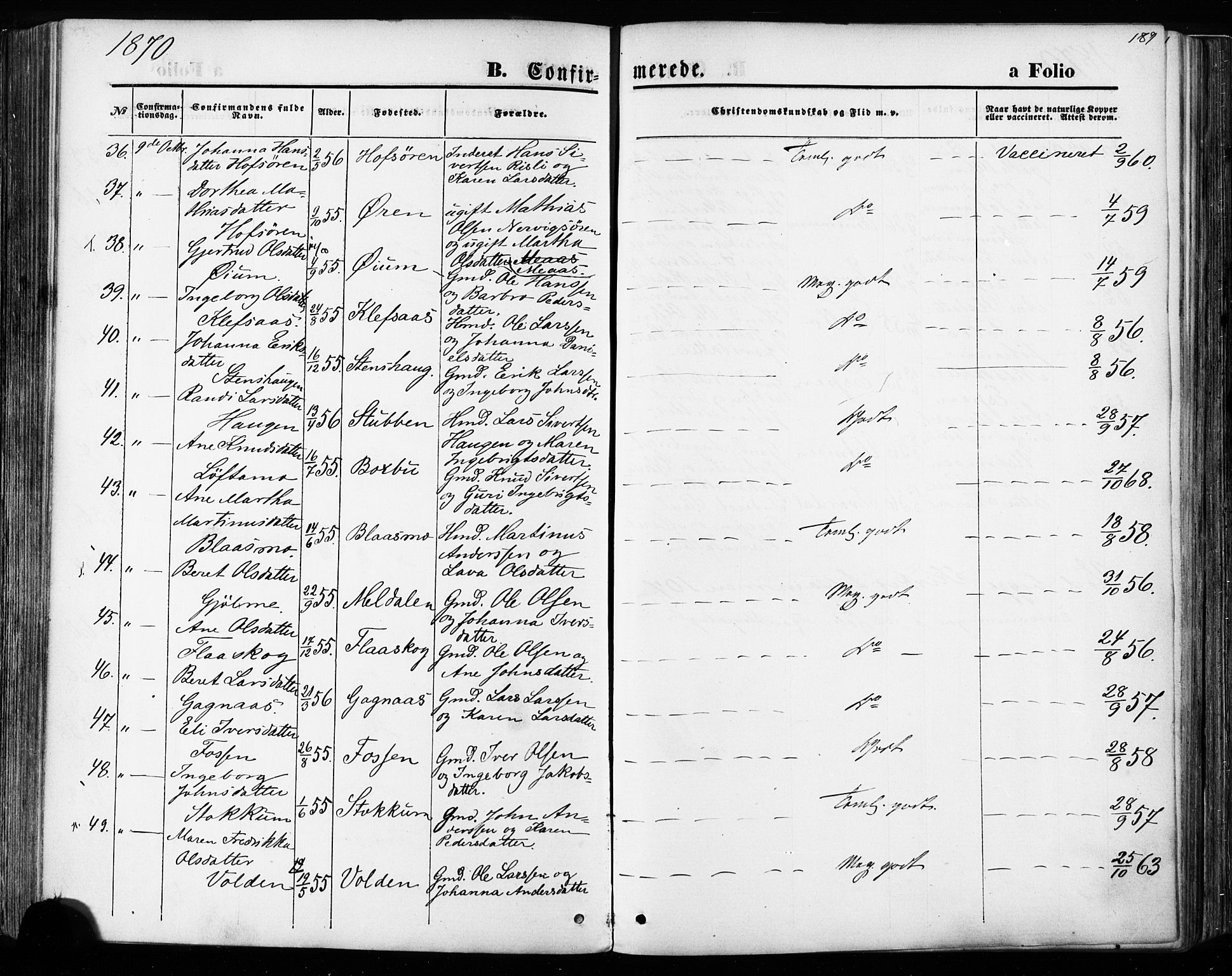 Ministerialprotokoller, klokkerbøker og fødselsregistre - Sør-Trøndelag, AV/SAT-A-1456/668/L0807: Parish register (official) no. 668A07, 1870-1880, p. 189