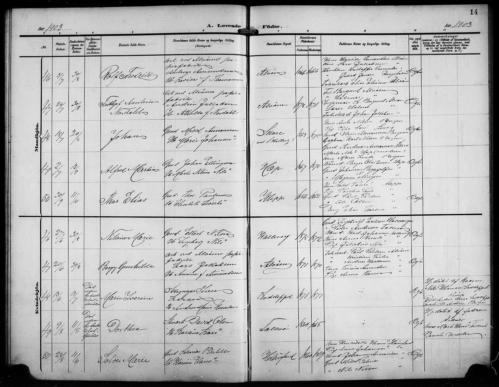 Askøy Sokneprestembete, SAB/A-74101/H/Ha/Hab/Haba/L0010: Parish register (copy) no. A 10, 1903-1907, p. 14