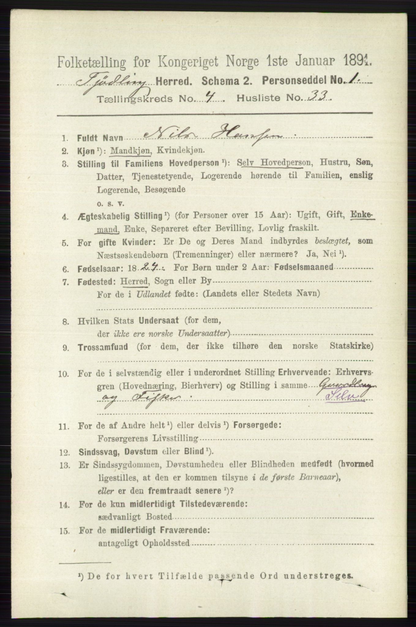 RA, 1891 census for 0725 Tjølling, 1891, p. 1633