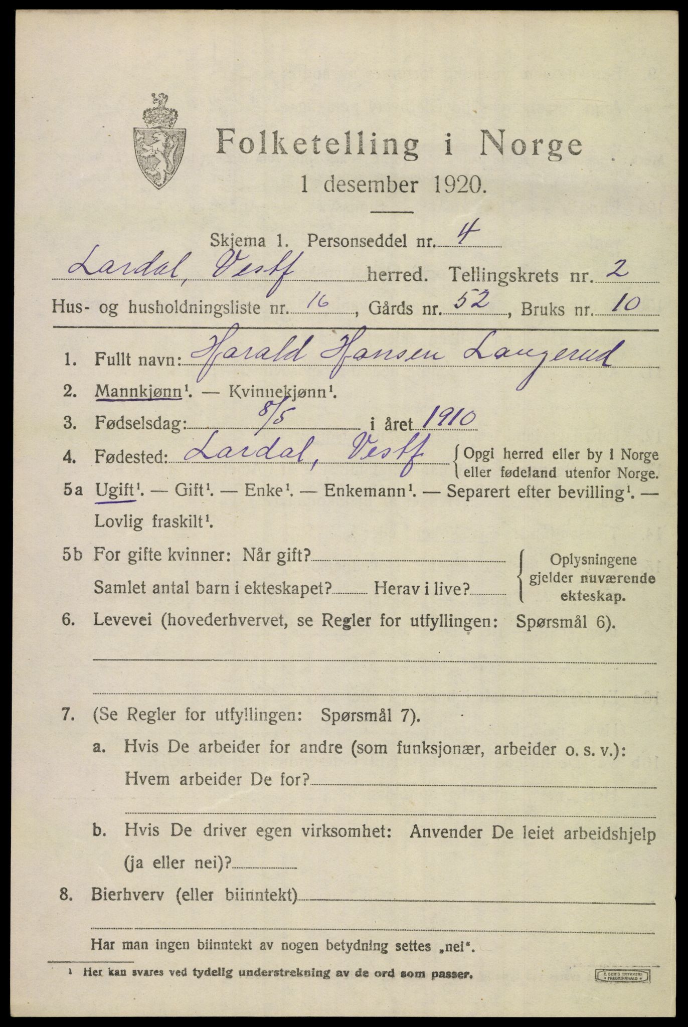 SAKO, 1920 census for Lardal, 1920, p. 2165