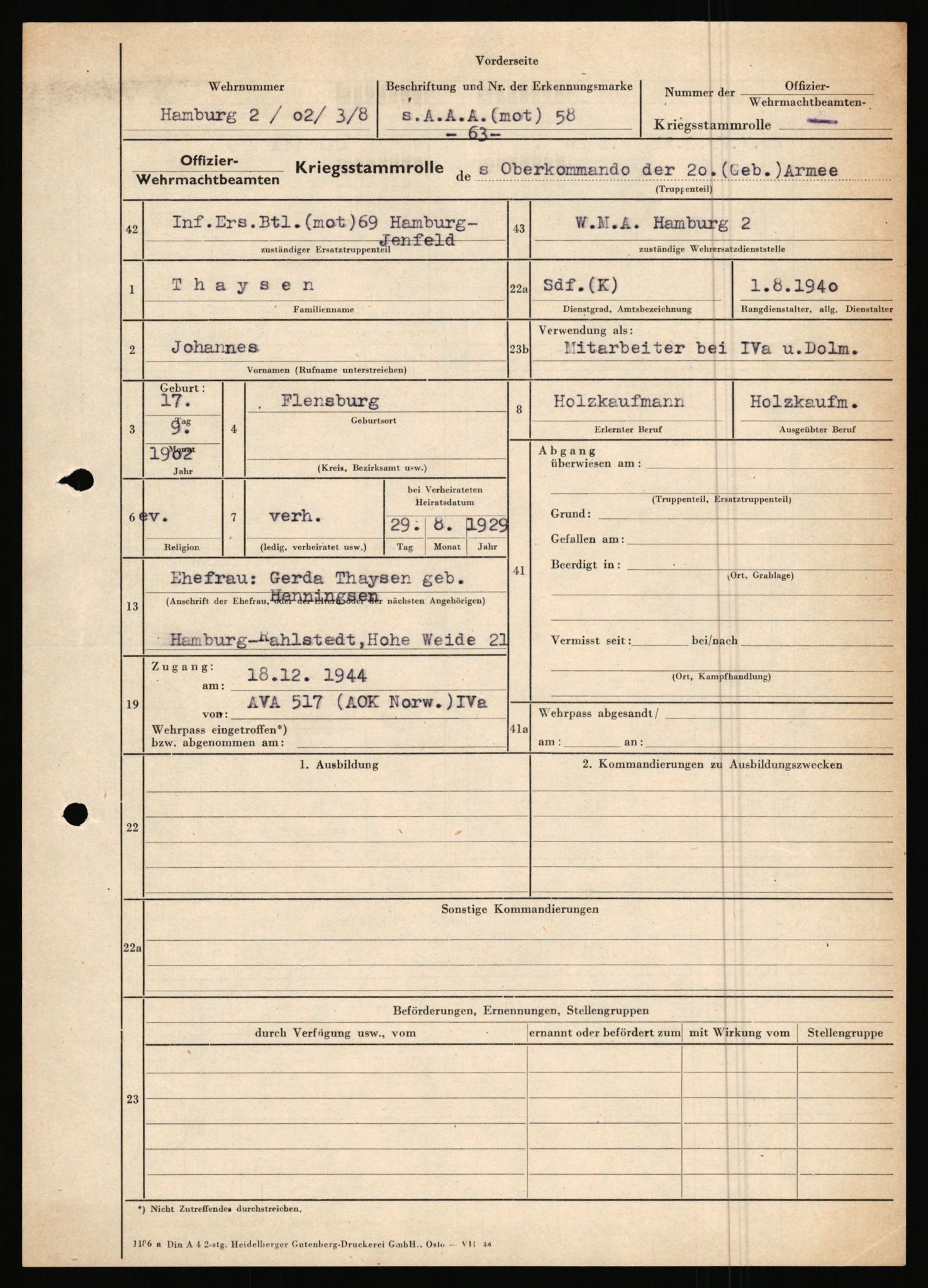 Forsvarets Overkommando. 2 kontor. Arkiv 11.4. Spredte tyske arkivsaker, AV/RA-RAFA-7031/D/Dar/Dara/L0019: Personalbøker og diverse, 1940-1945, p. 444