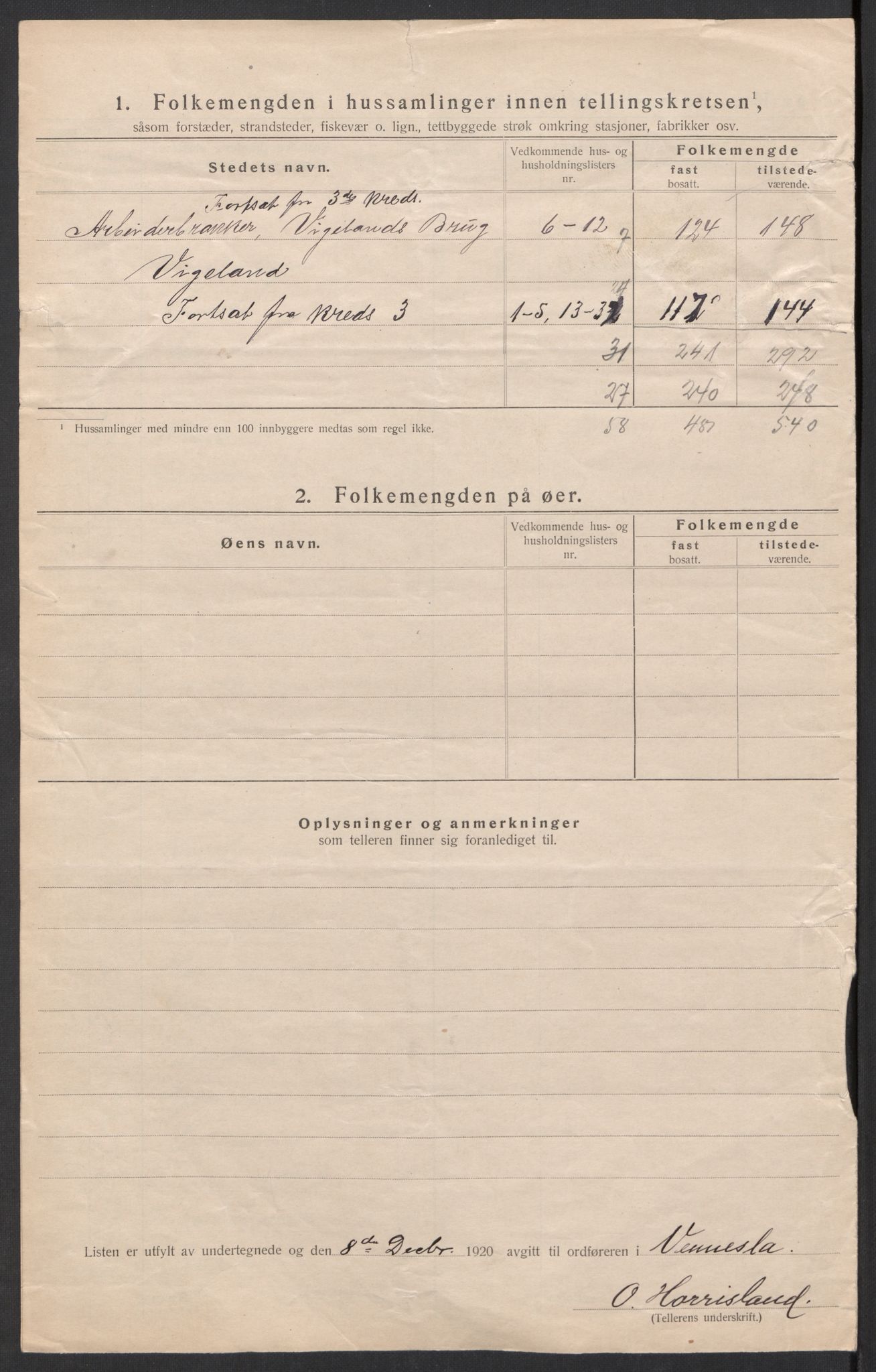 SAK, 1920 census for Vennesla, 1920, p. 18