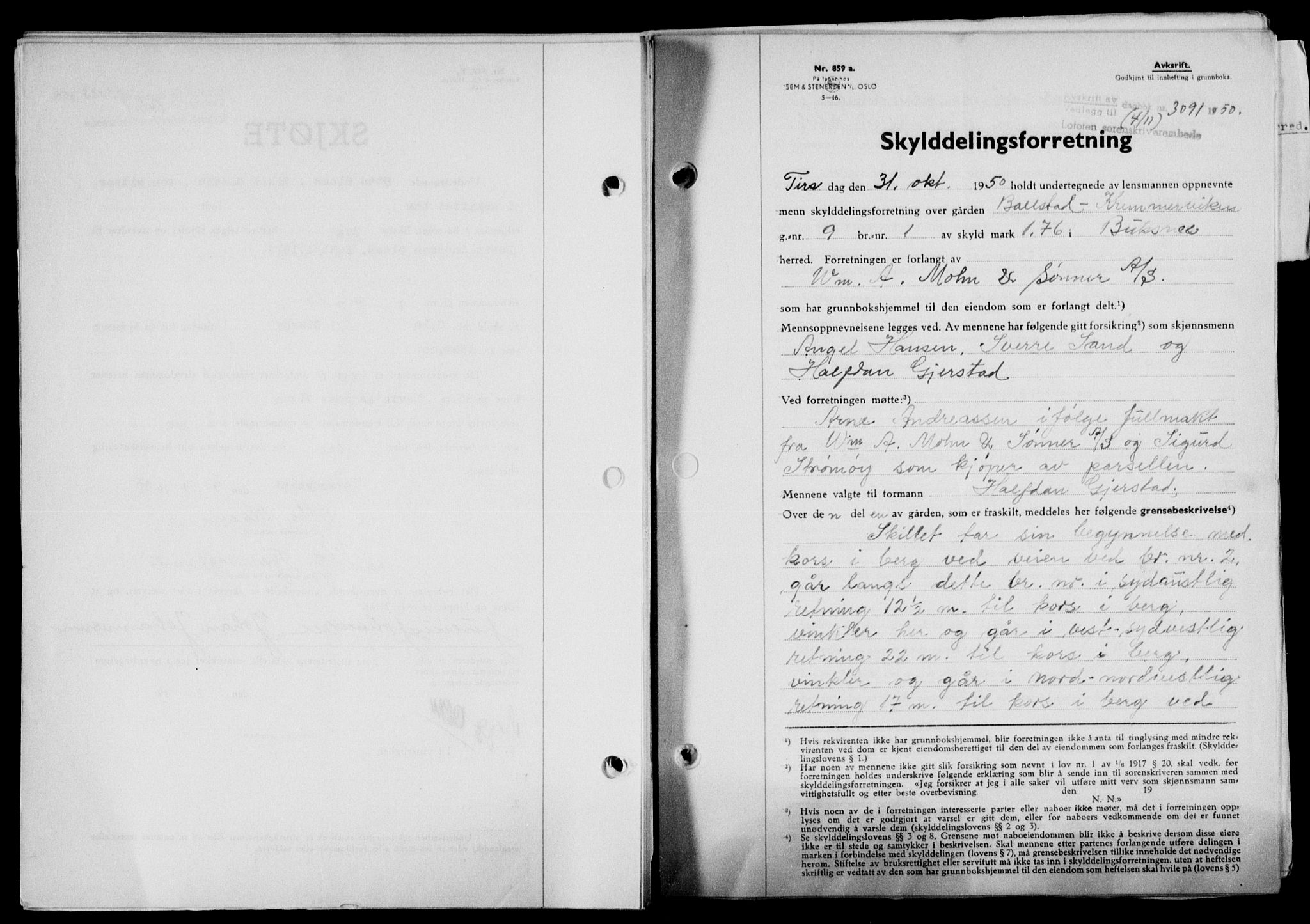 Lofoten sorenskriveri, SAT/A-0017/1/2/2C/L0024a: Mortgage book no. 24a, 1950-1950, Diary no: : 3091/1950