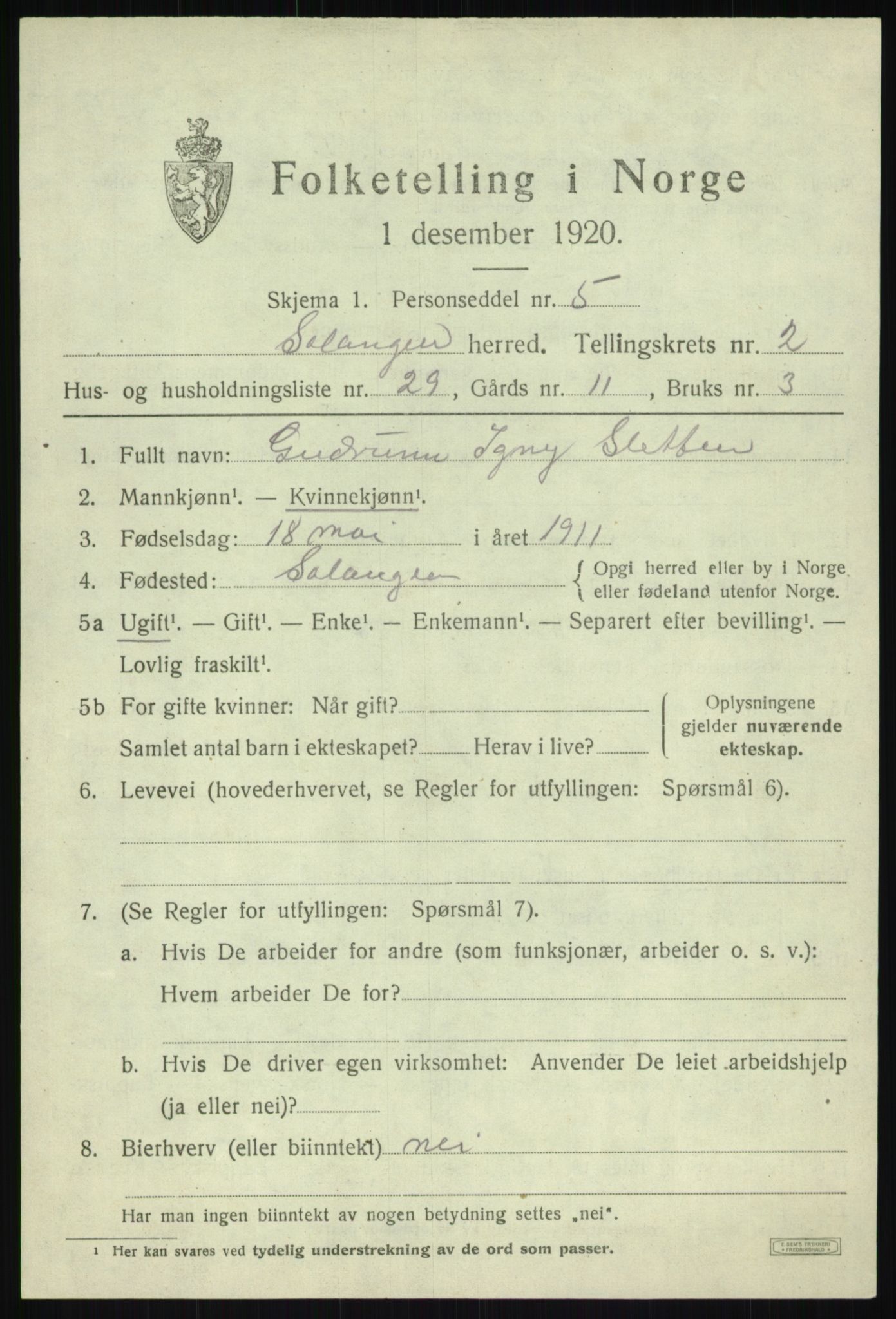 SATØ, 1920 census for Salangen, 1920, p. 1568