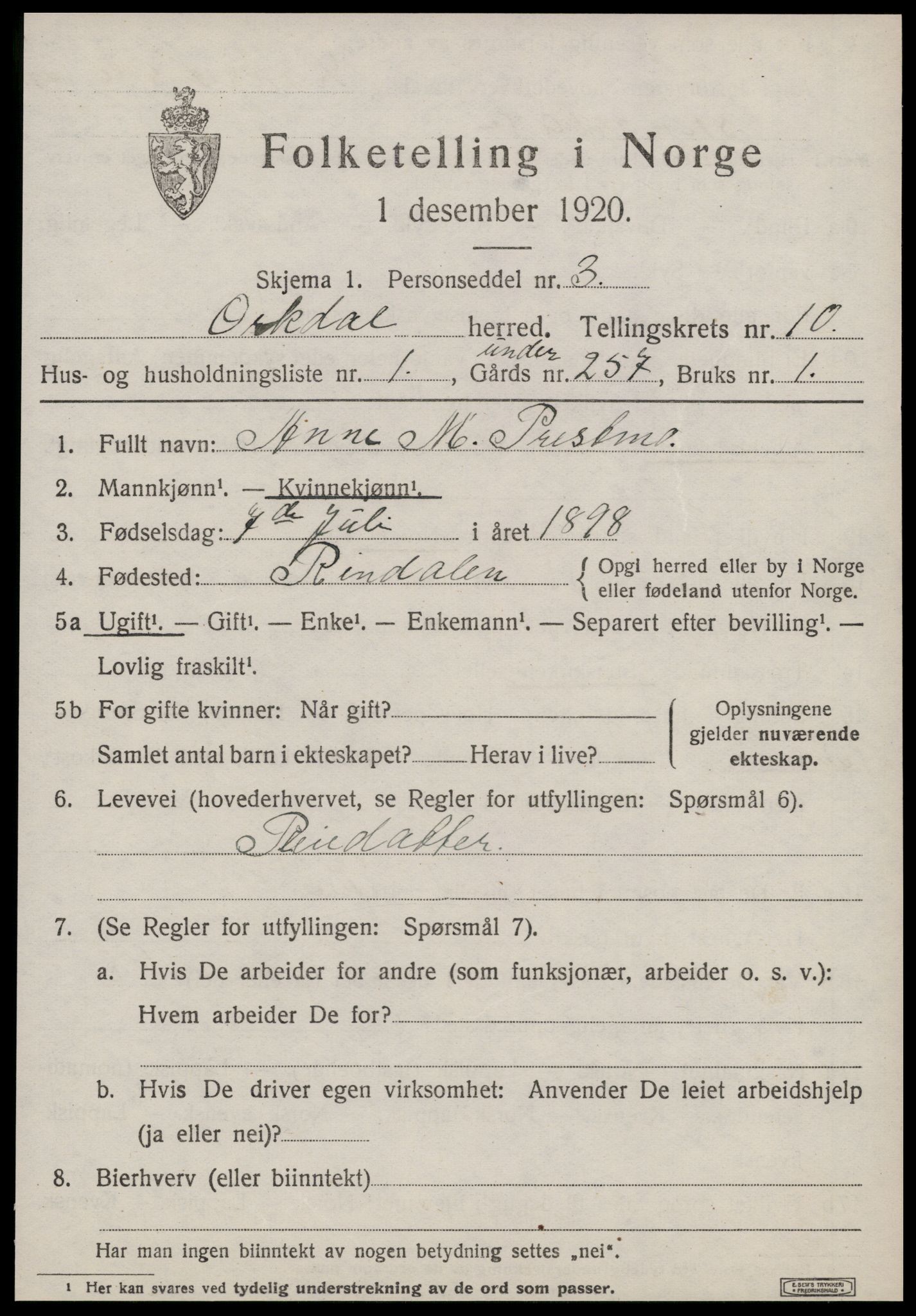 SAT, 1920 census for Orkdal, 1920, p. 7256