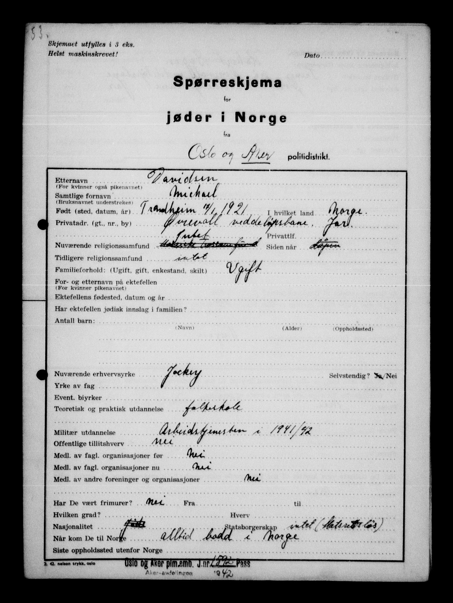 Statspolitiet - Hovedkontoret / Osloavdelingen, AV/RA-S-1329/G/Ga/L0011: Spørreskjema for jøder i Norge. 1: Oslo 610-806 (Plavnik-Zwillinger). 2: Aker 1-113 (Adler-Lewin). , 1942, p. 684